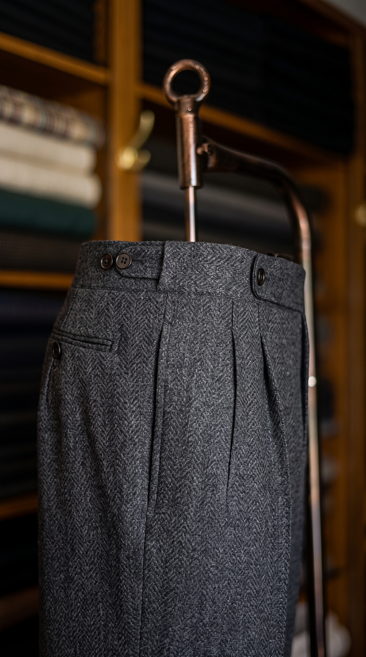 Imperial Black Herringbone Double Pleated Trousers For Men