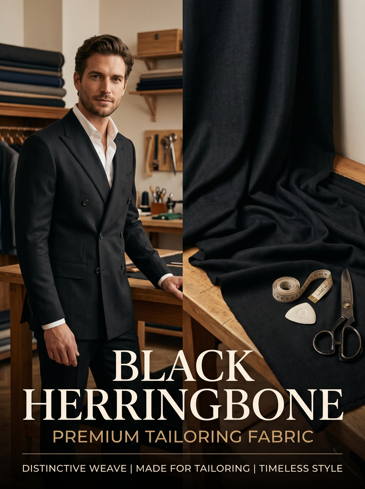 Luxury Black Herringbone Fabric | Premium Formal Wear Fabric