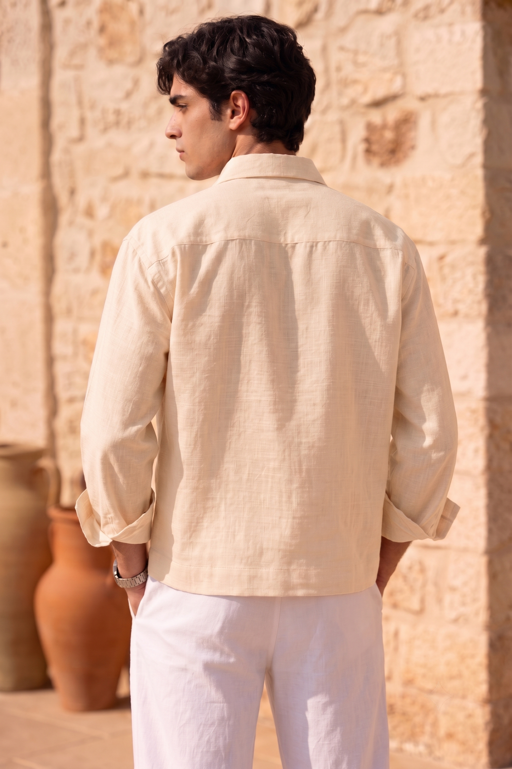 Full Sleeve Beige Boxy Fit Pure Belgium Linen Crop Shirt