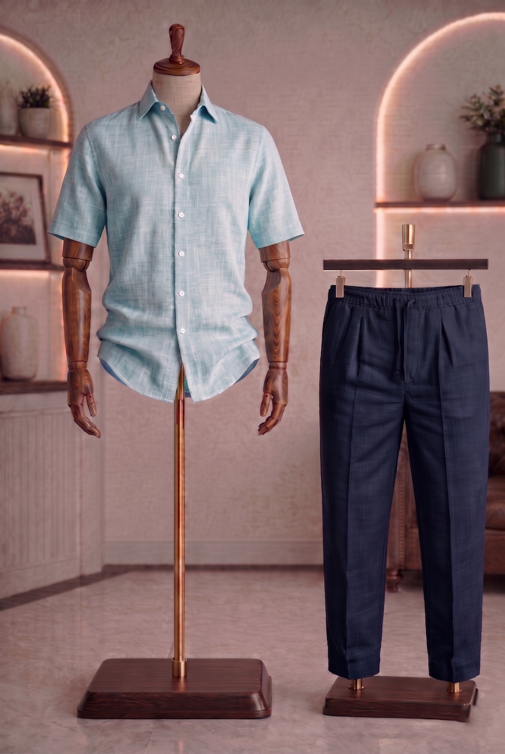 Half Sleeve Linen Pair For Men | Sky Blue Linen Shirt with Navy Linen Pant