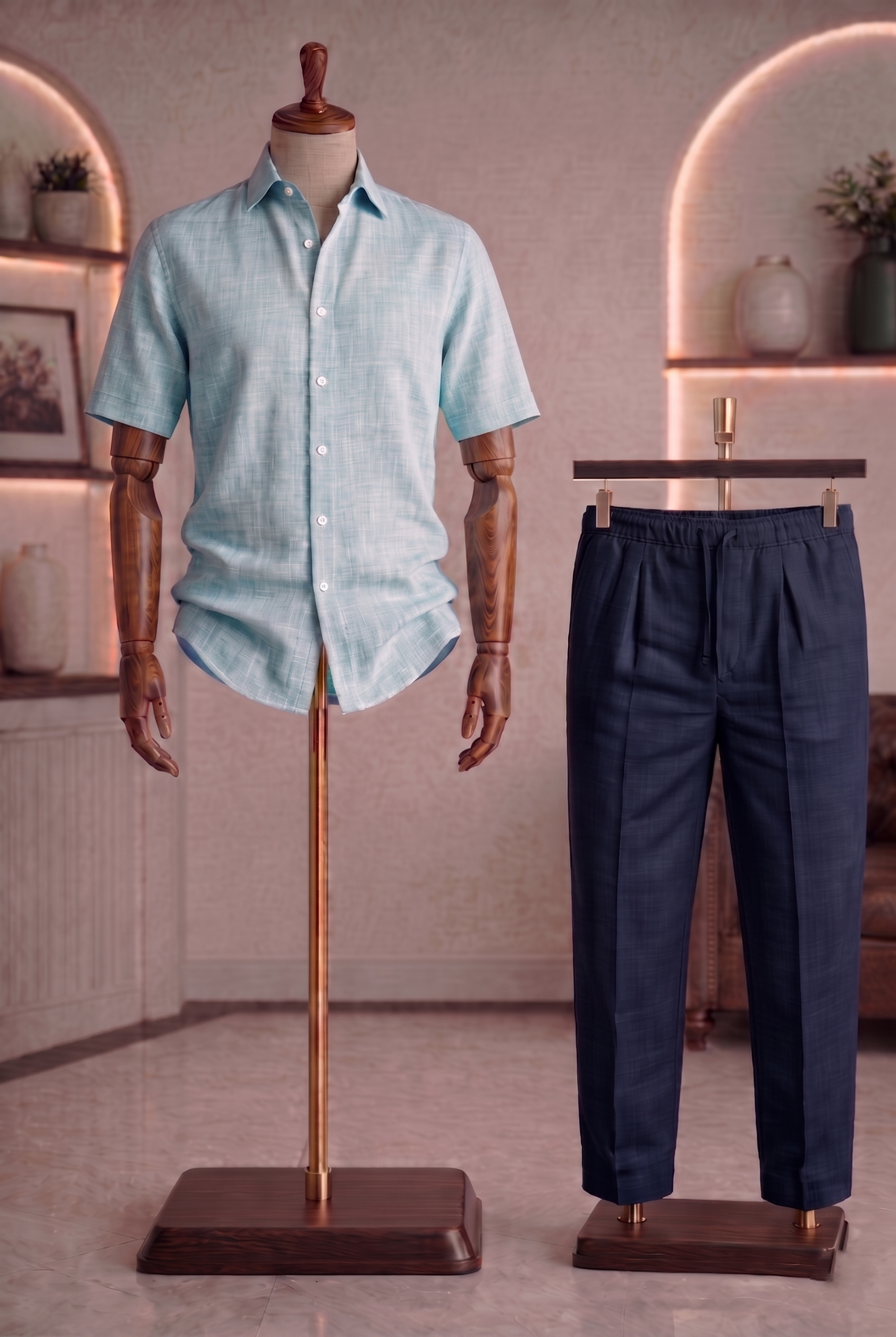 Half Sleeve Linen Pair For Men | Sky Blue Linen Shirt with Navy Linen Pant