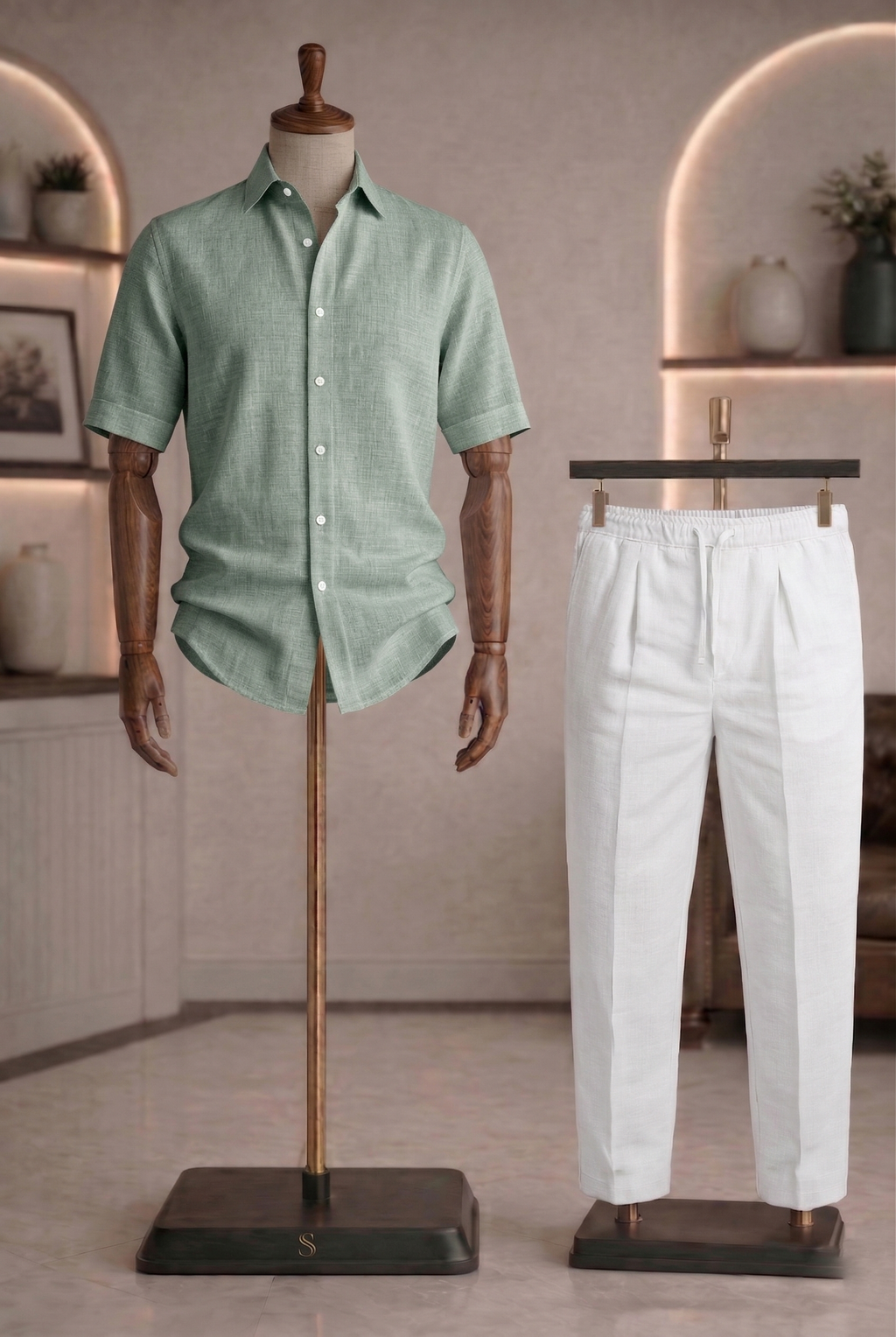 Half Sleeve Linen Pair For Men | Minty Green Linen Shirt with White Linen Pant
