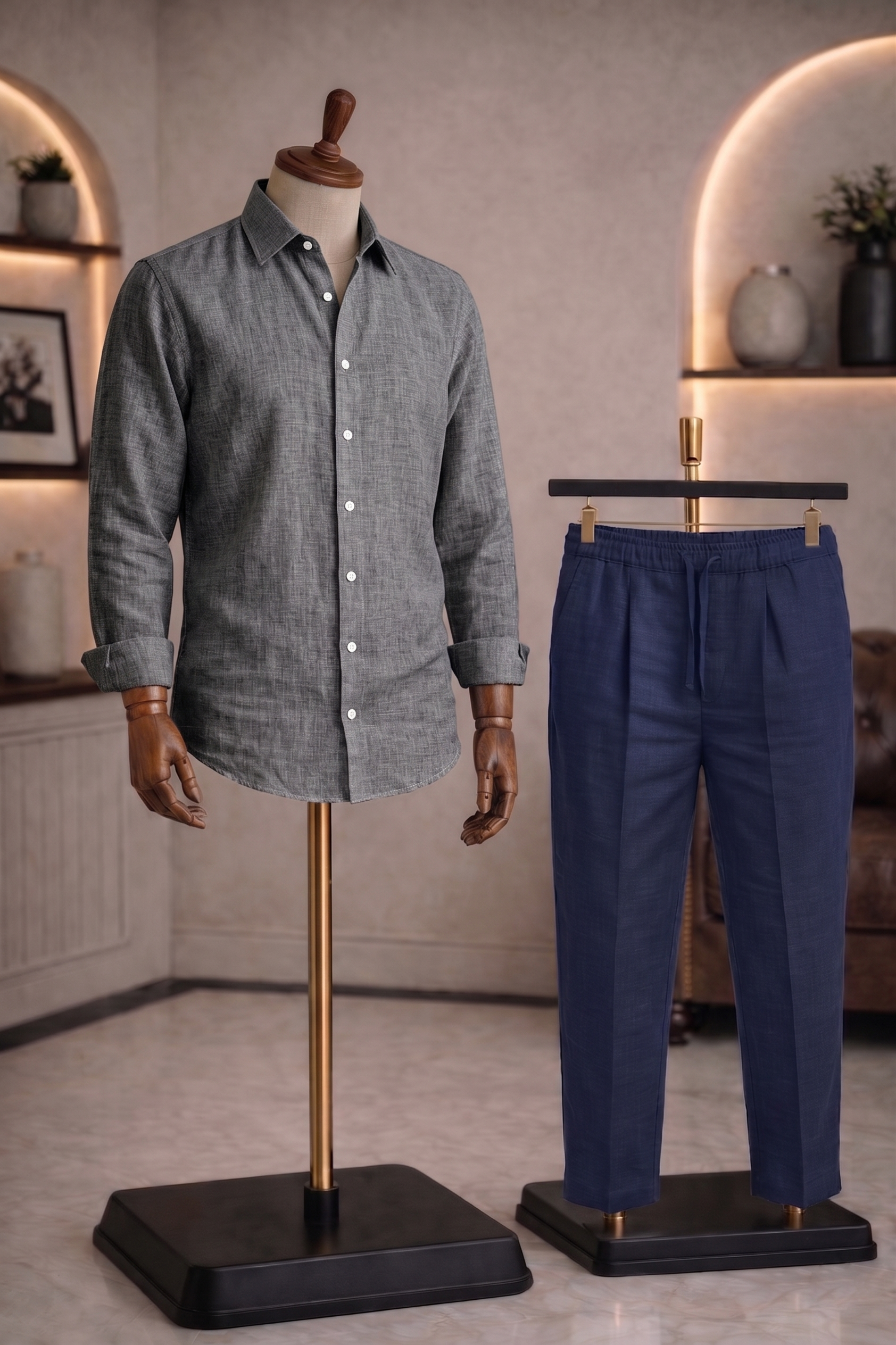 Full Sleeve Linen Pair For Men | Dark Grey Linen Shirt with Navy Linen Pant