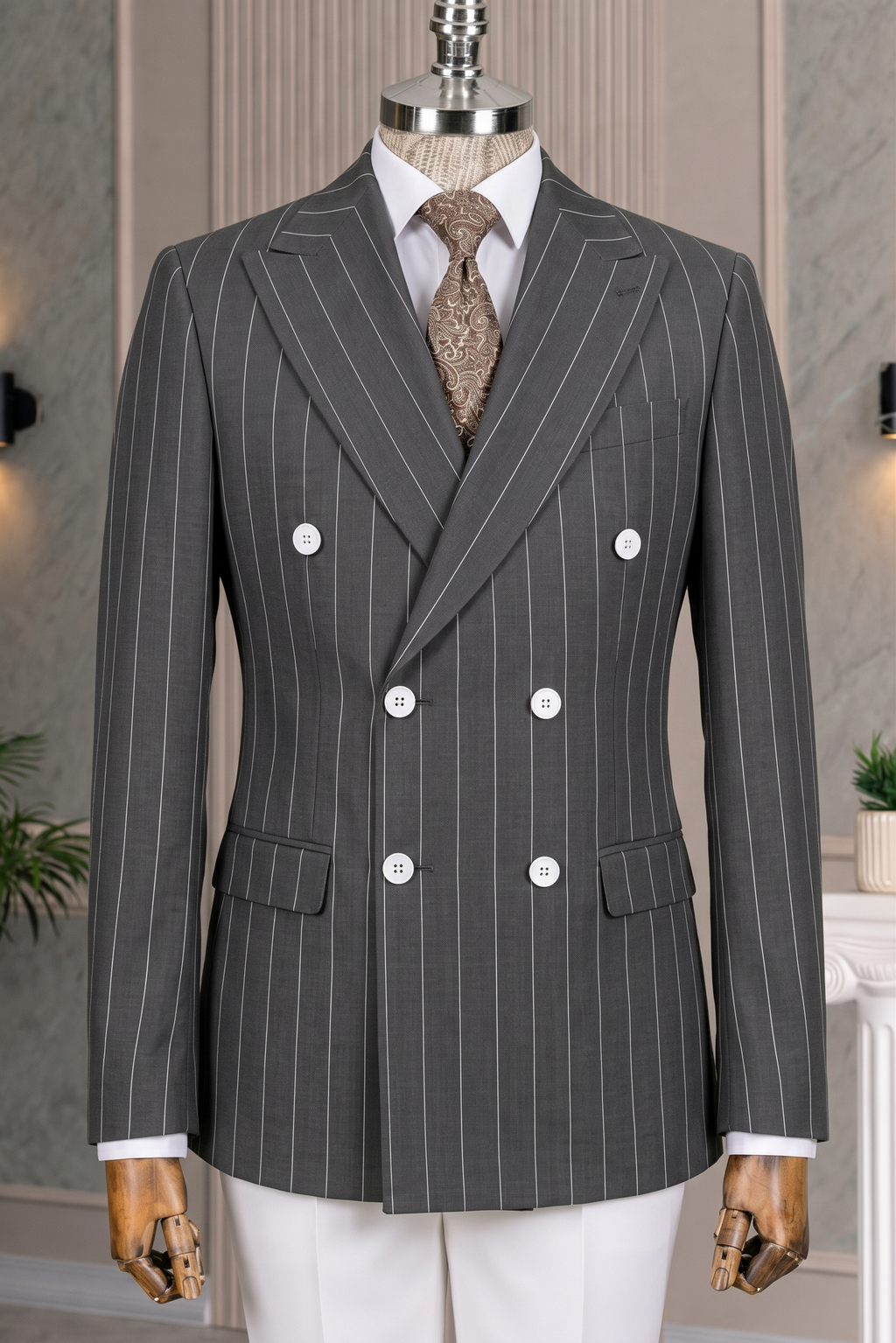 French Cuff Men's Gunmetal Striped Double Breasted Blazer