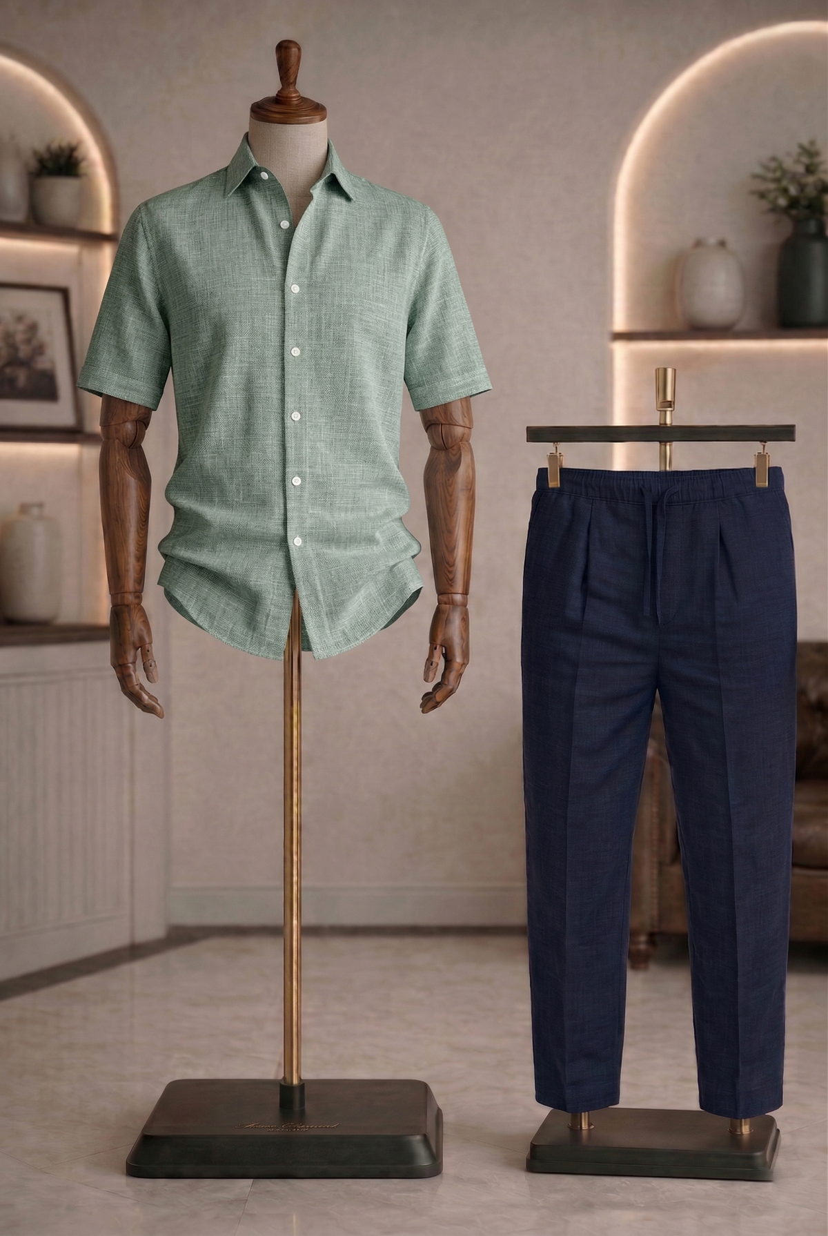 Half Sleeve Linen Pair For Men | Minty Green Linen Shirt with Navy Linen Pant