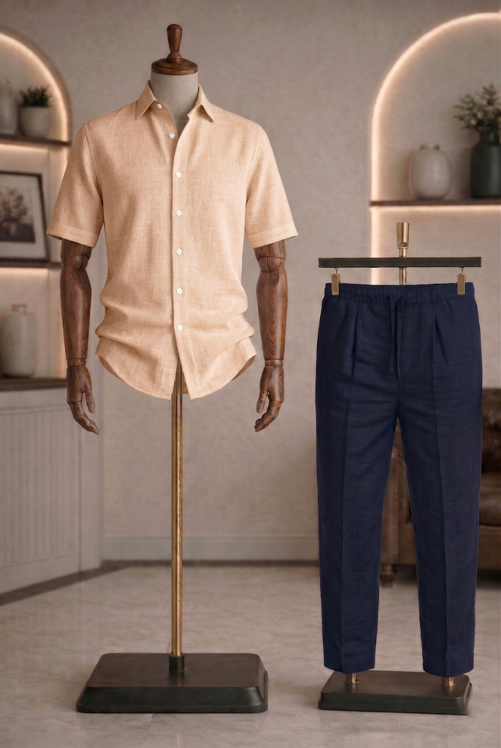 Half Sleeve Linen Pair For Men | Khaki Linen Shirt with Navy Linen Pant