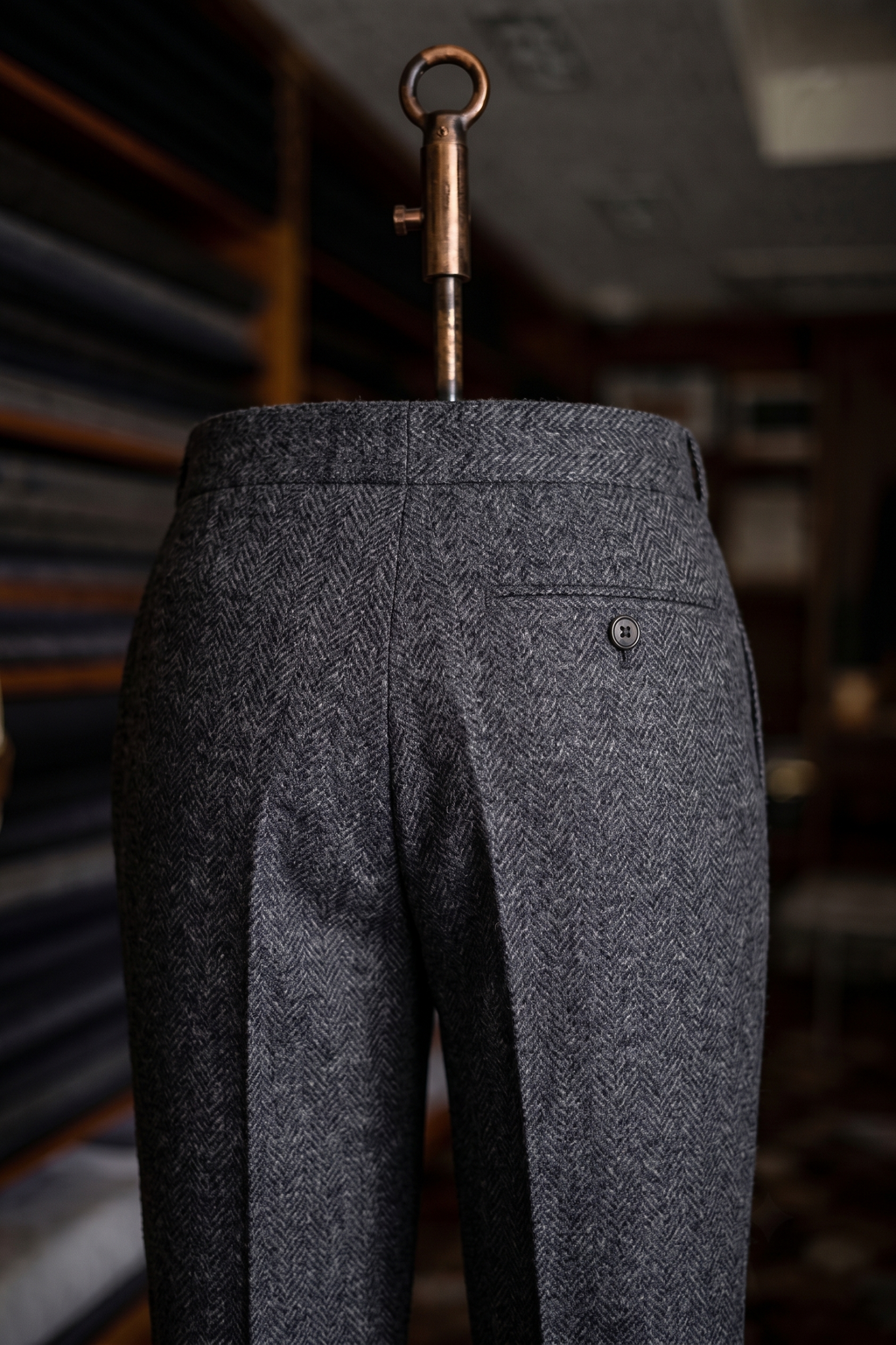 Imperial Black Herringbone Double Pleated Trousers For Men