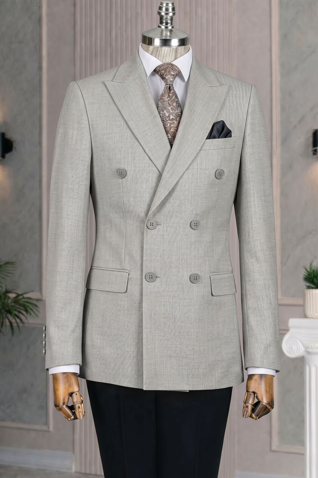 French Cuff Men's Light Grey Double Breasted Blazer