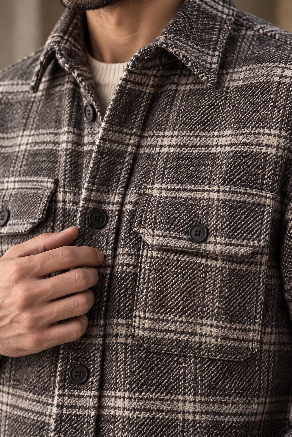 Melange Tartan Beige Checked Premium Wool Shirt for Men