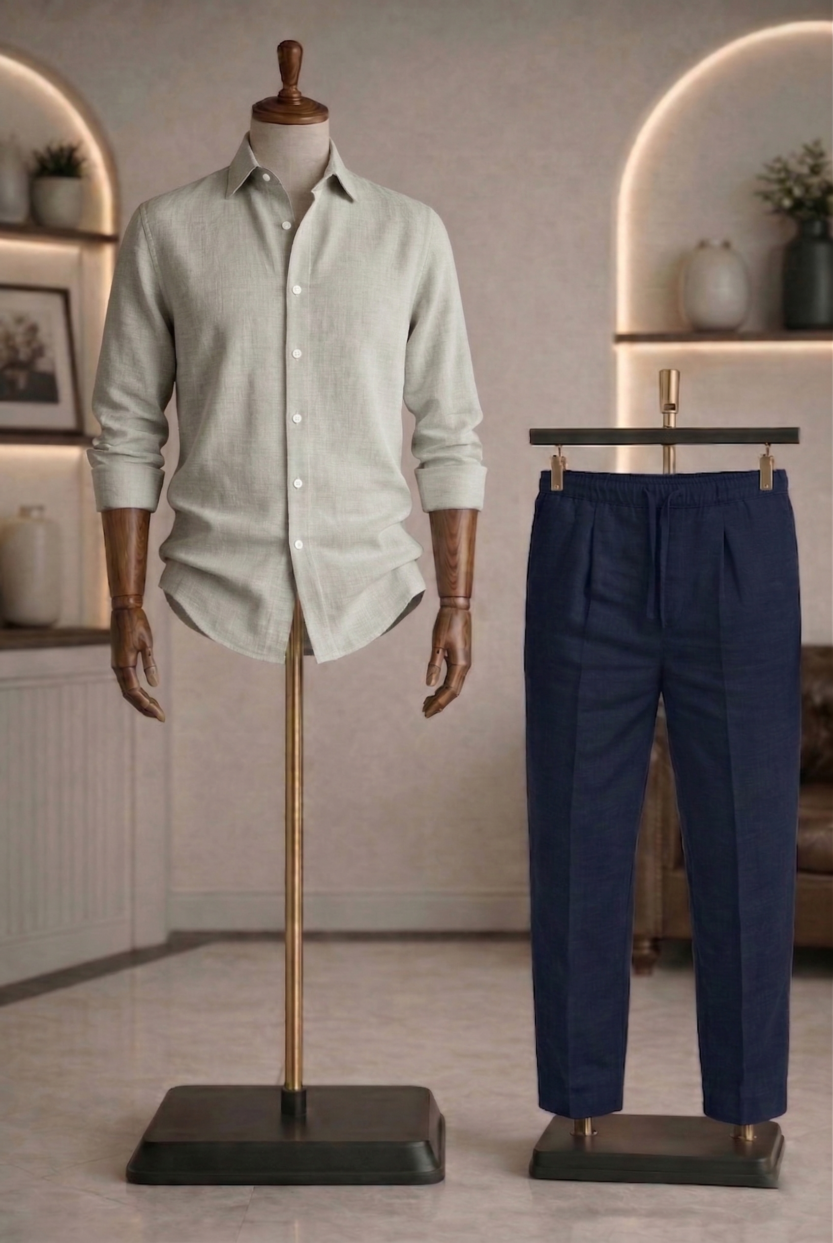 Full Sleeve Linen Pair For Men | Light Grey Linen Shirt with Navy Linen Pant