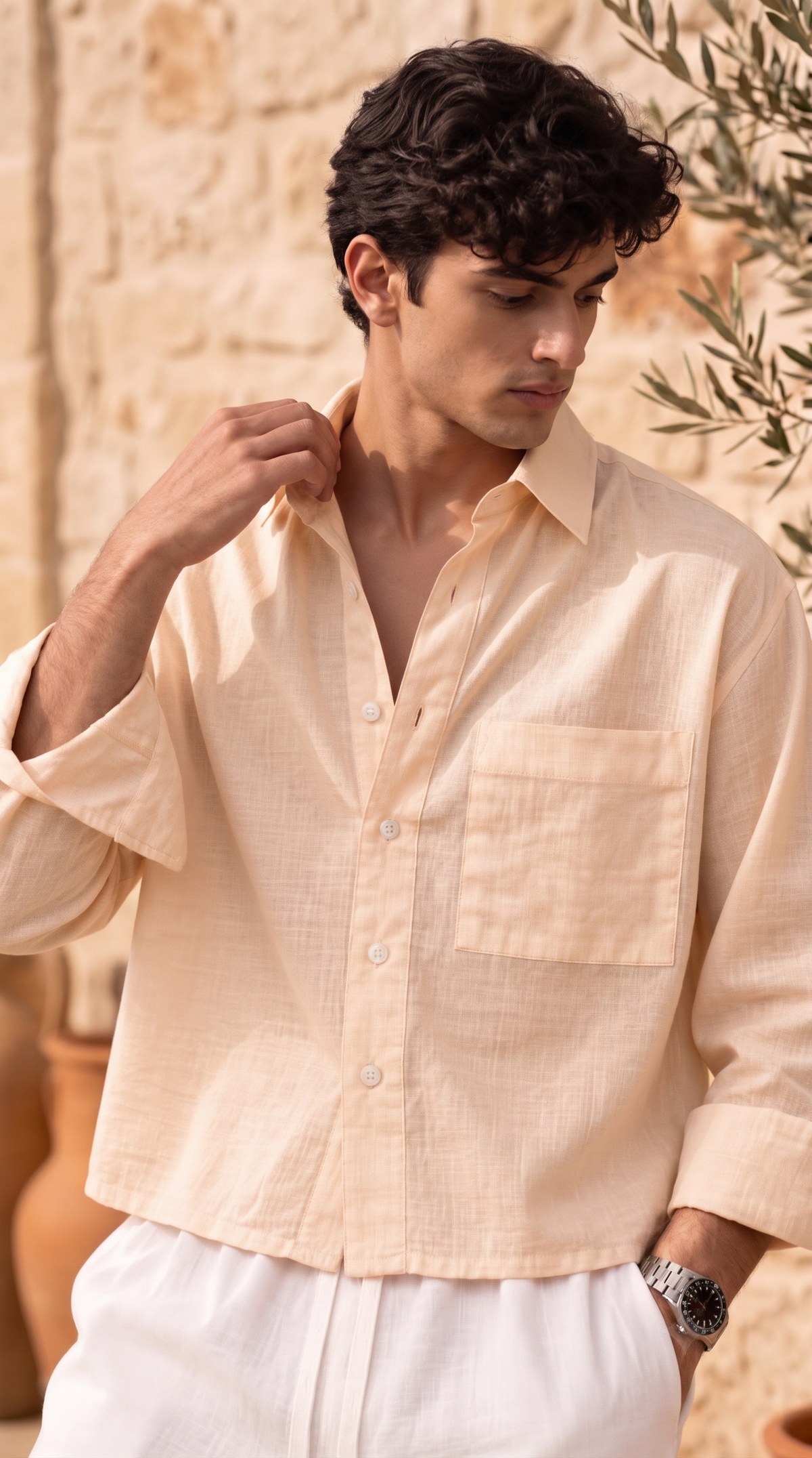 Full Sleeve Beige Boxy Fit Pure Belgium Linen Crop Shirt