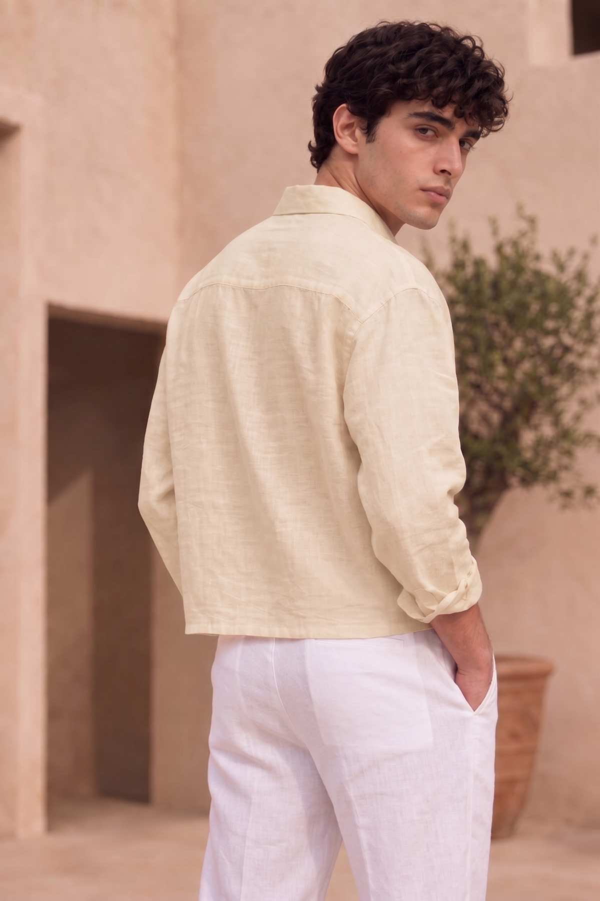Full Sleeve Beige Boxy Fit Pure Belgium Linen Crop Shirt