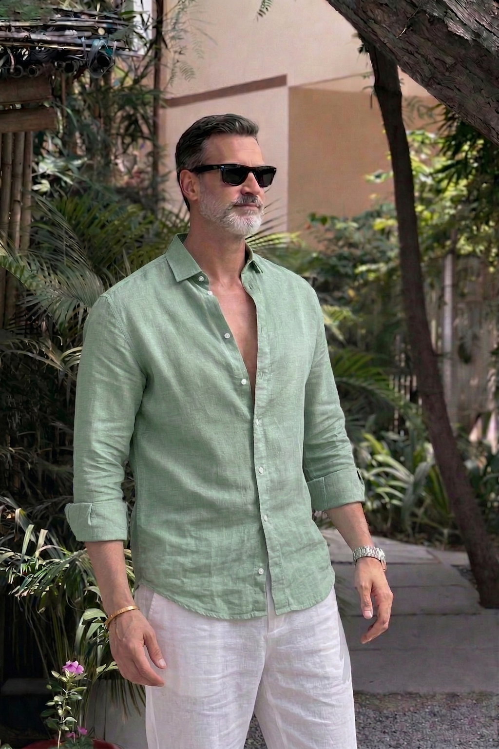 Full Sleeve Linen Pair For Men | Minty Green Linen Shirt with White Linen Pant