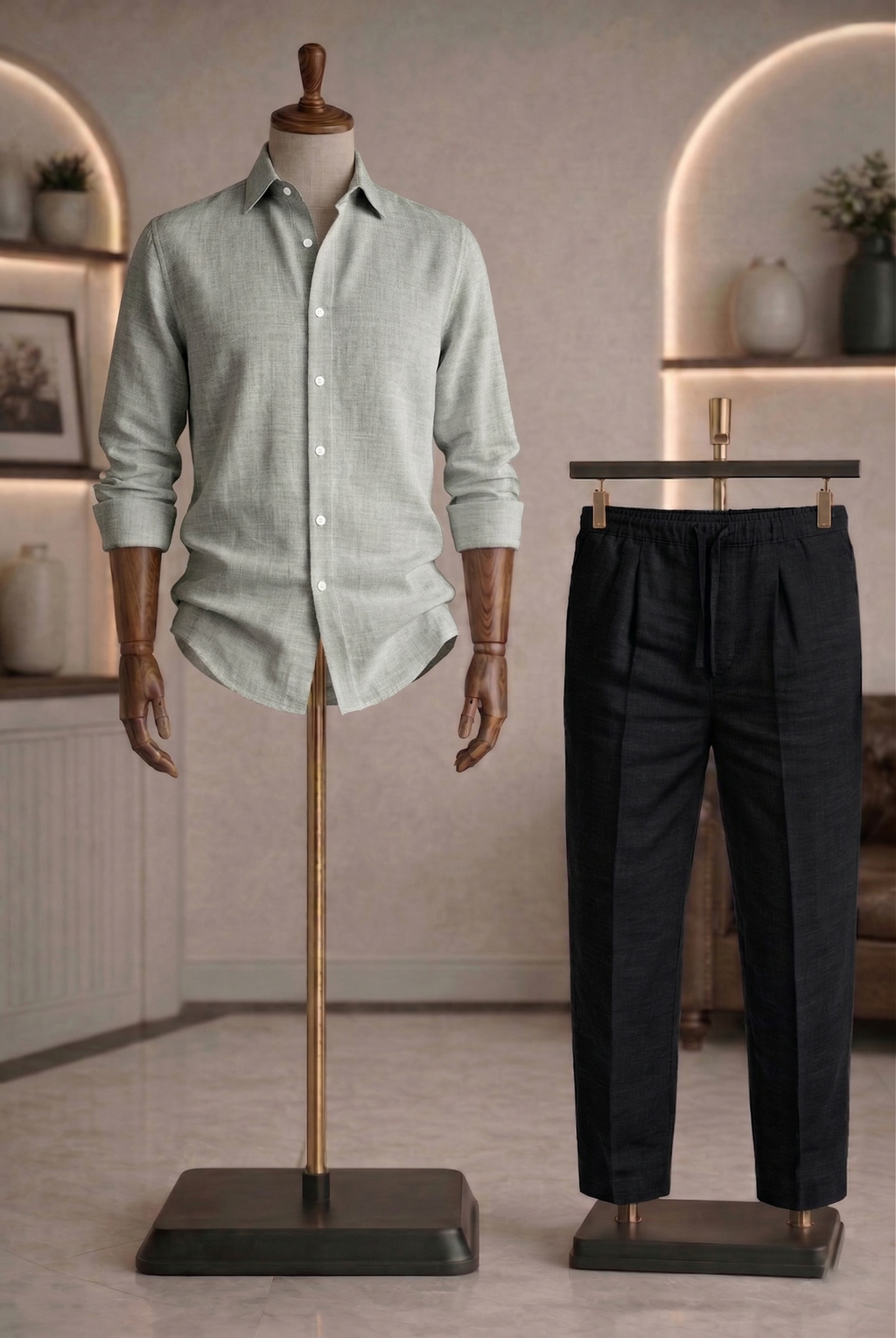 Full Sleeve Linen Pair For Men | Light Grey Linen Shirt with Black Linen Pant