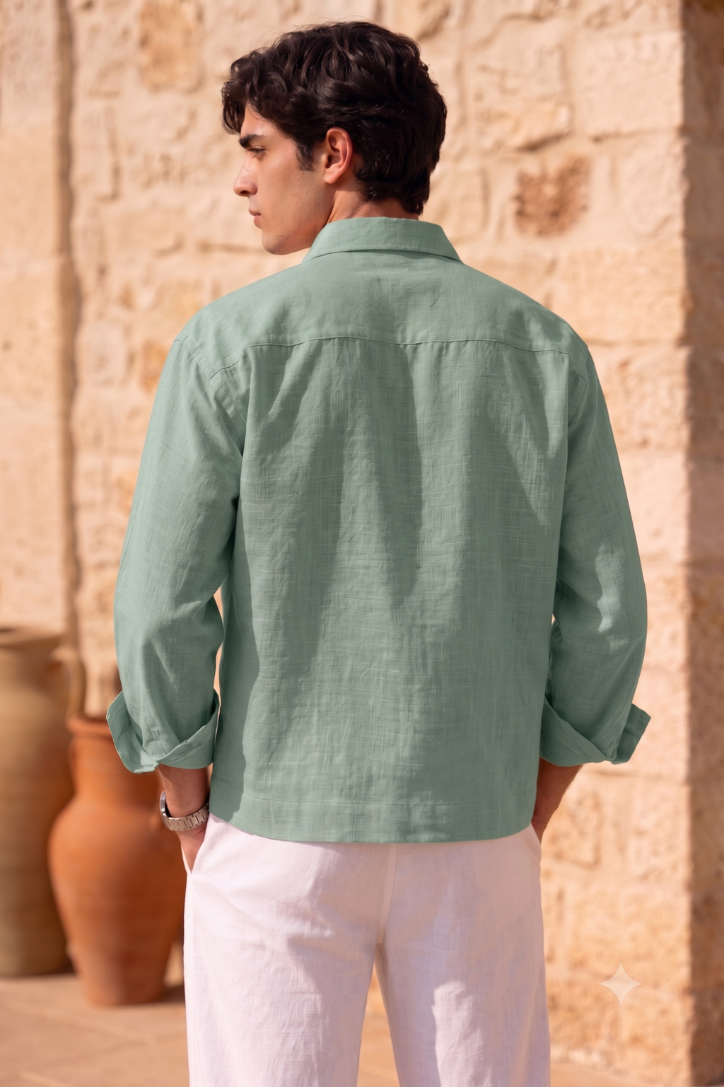 Full Sleeve Green Boxy Fit Pure Belgium Linen Crop Shirt