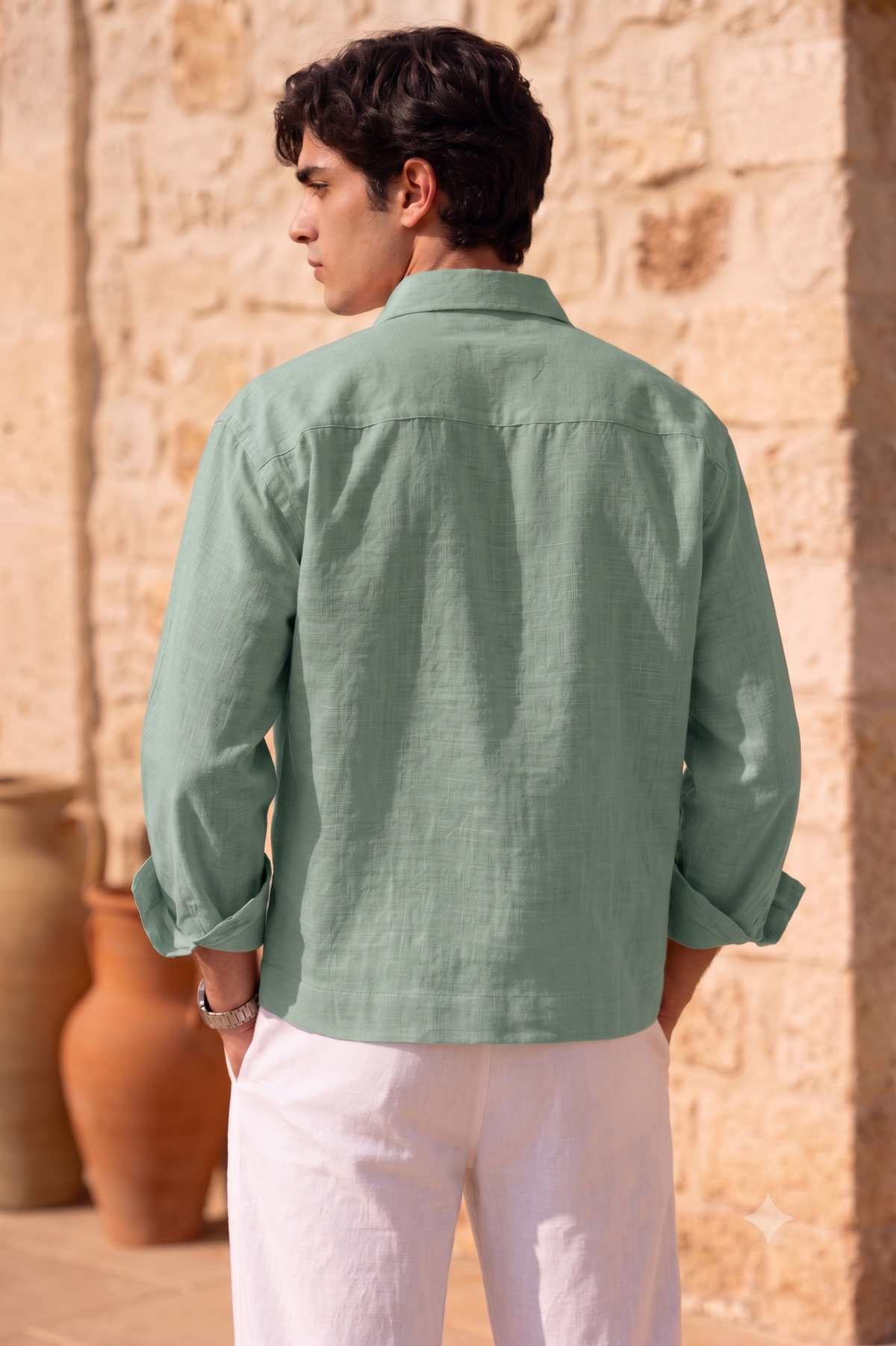 Full Sleeve Green Boxy Fit Pure Belgium Linen Crop Shirt