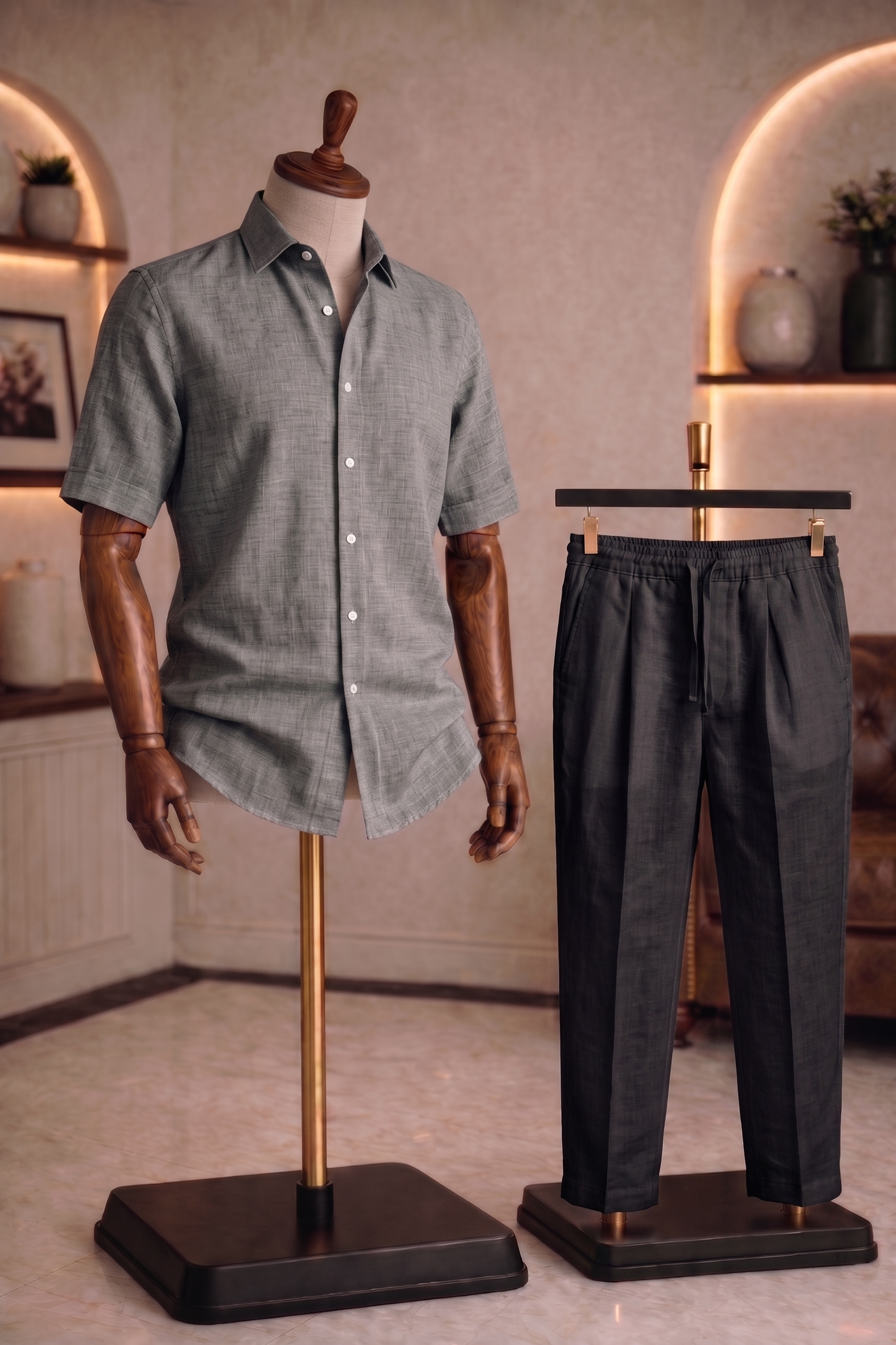 Half Sleeve Linen Pair For Men | Dark Grey Linen Shirt with Black Linen Pant