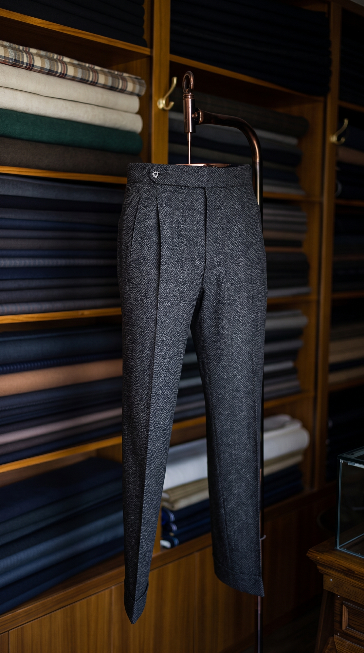 Imperial Grey Herringbone Double Pleated Trousers For Men