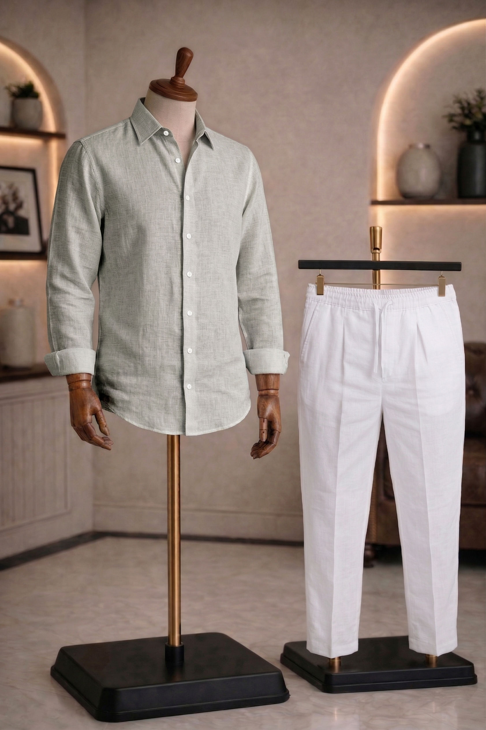 Full Sleeve Linen Pair For Men | Light Grey Linen Shirt with White Linen Pant