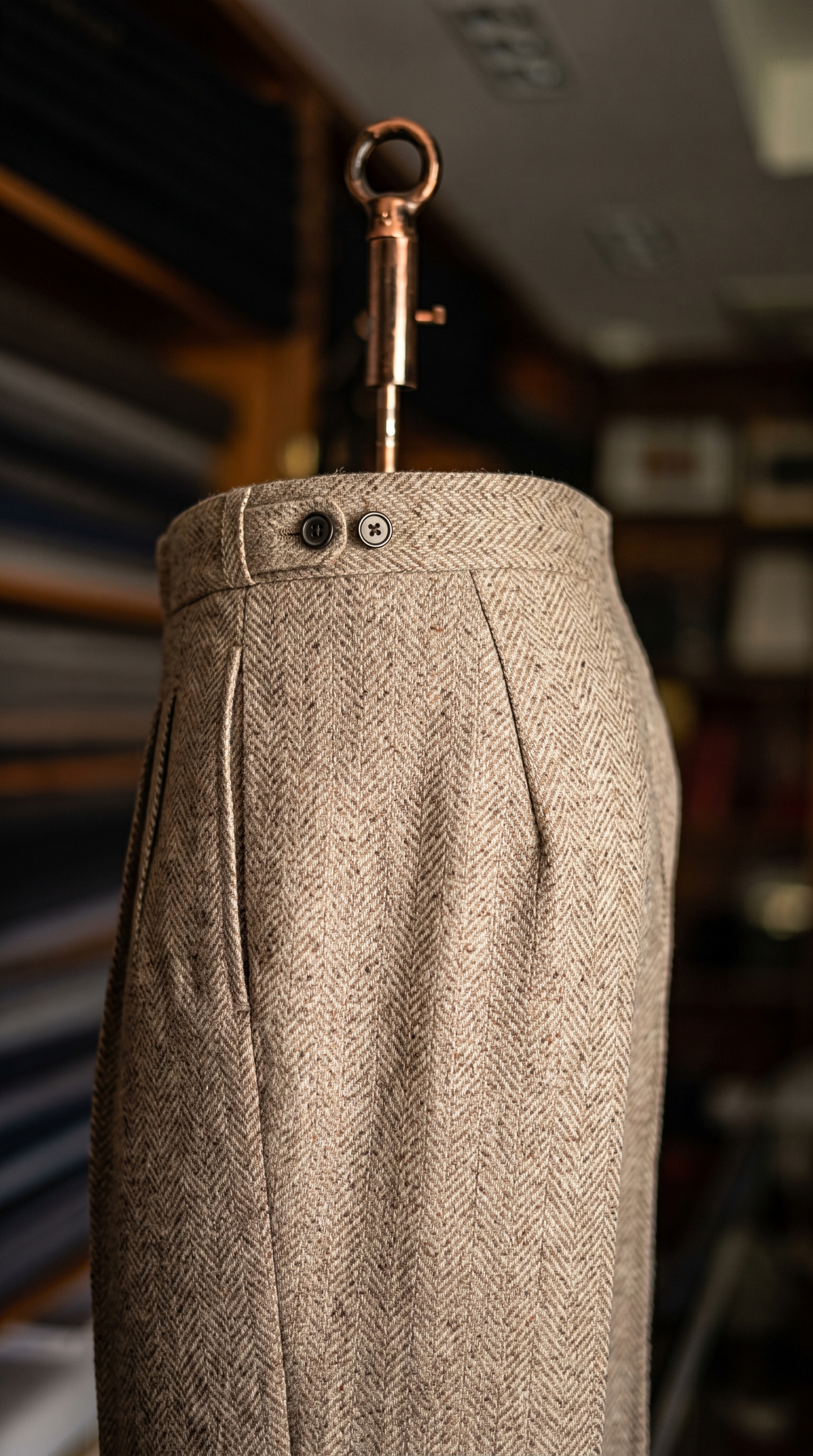 Imperial Beige Herringbone Double Pleated Trousers For Men
