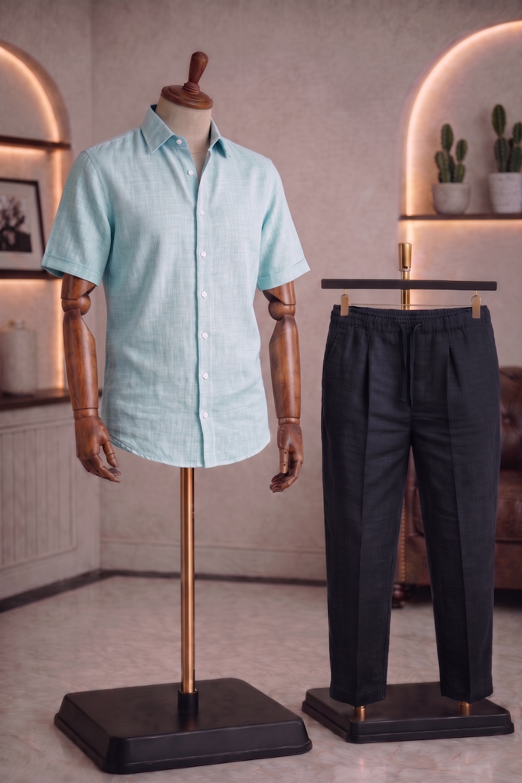 Half Sleeve Linen Pair For Men | Sky Blue Linen Shirt with Black Linen Pant