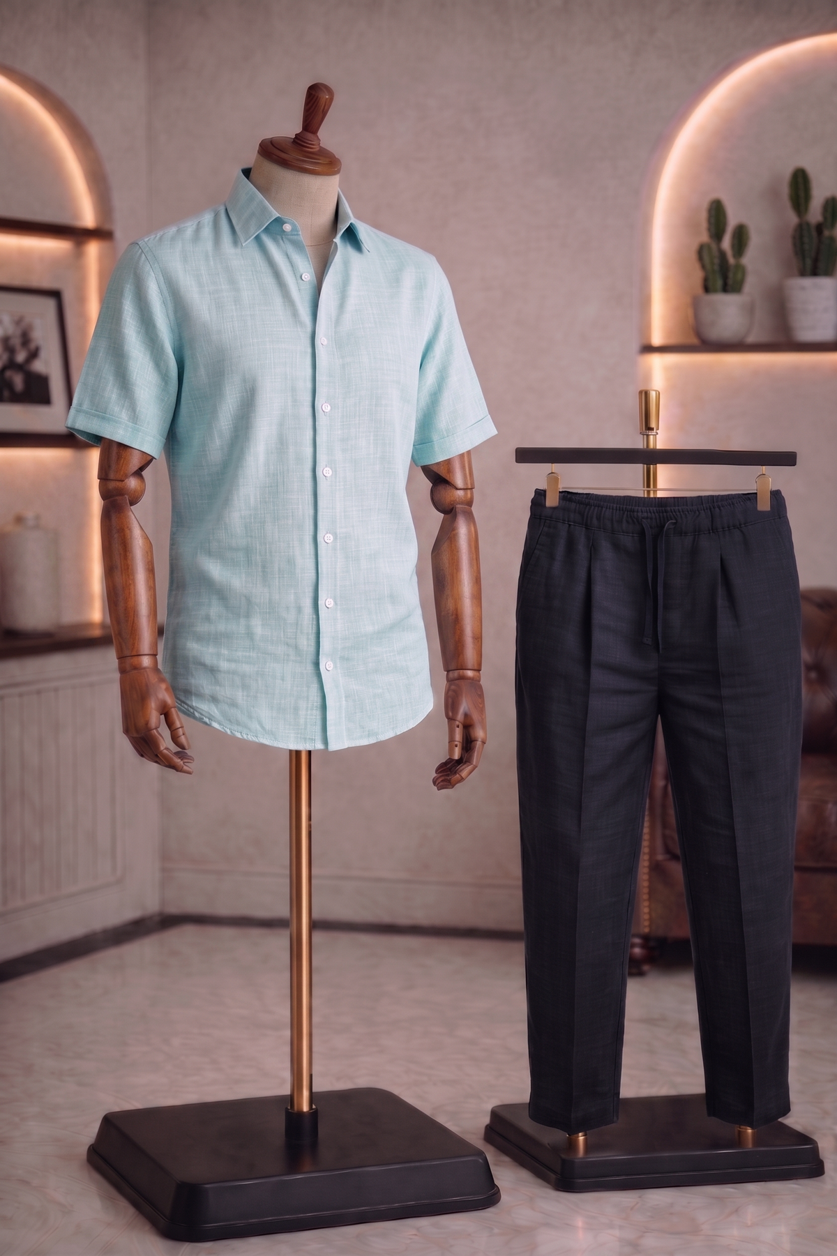 Half Sleeve Linen Pair For Men | Sky Blue Linen Shirt with Black Linen Pant