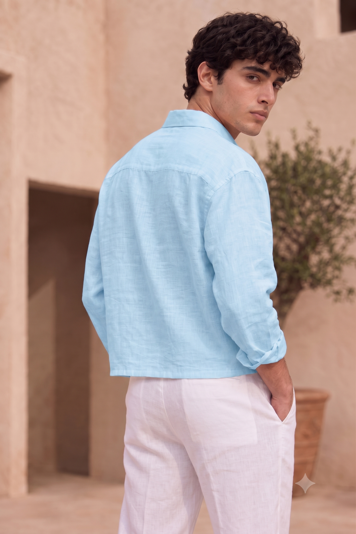 Full Sleeve Sky Blue Boxy Fit Pure Belgium Linen Crop Shirt