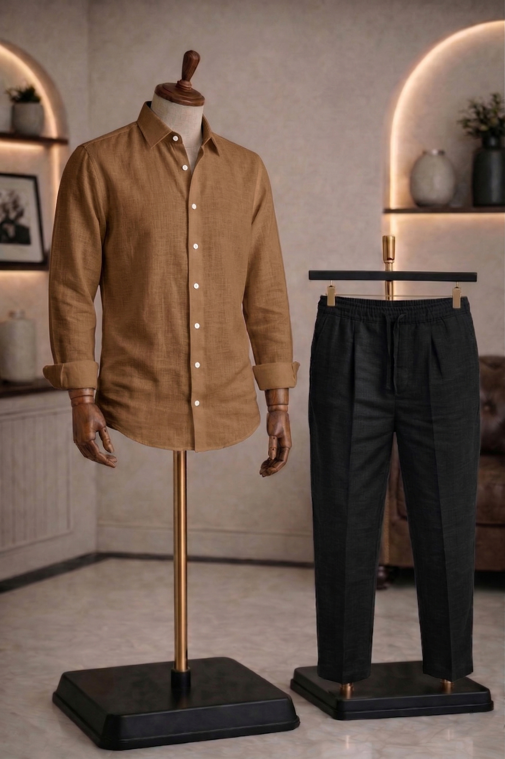 Full Sleeve Linen Pair For Men | Brown Linen Shirt with Black Linen Pant