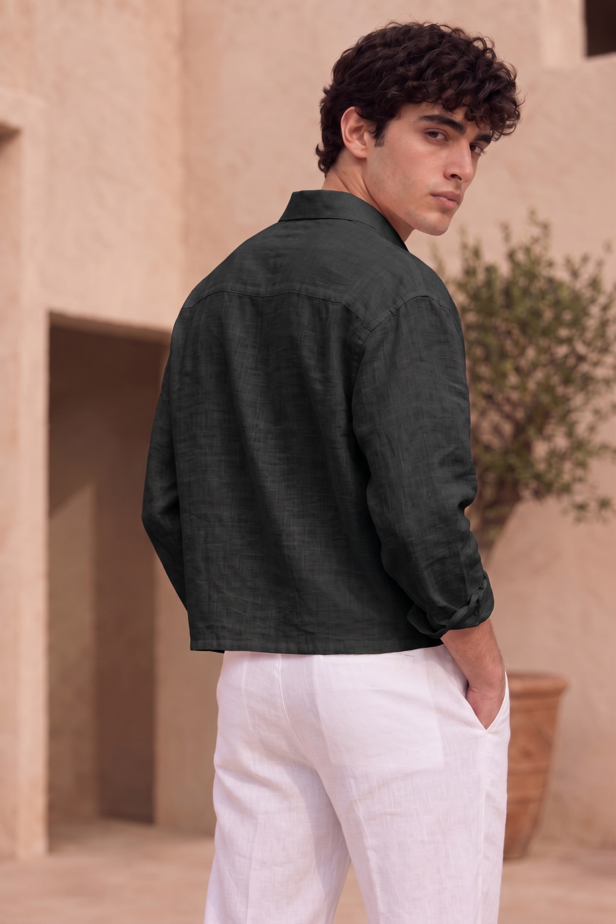 Full Sleeve Black Boxy Fit Pure Belgium Linen Crop Shirt