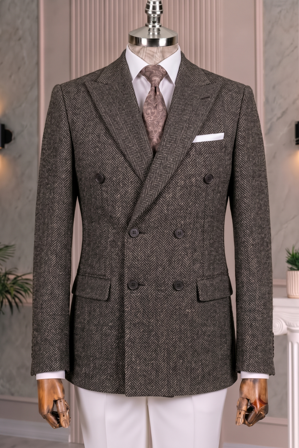 French Cuff Men's Brown Herringbone Double Breasted Blazer