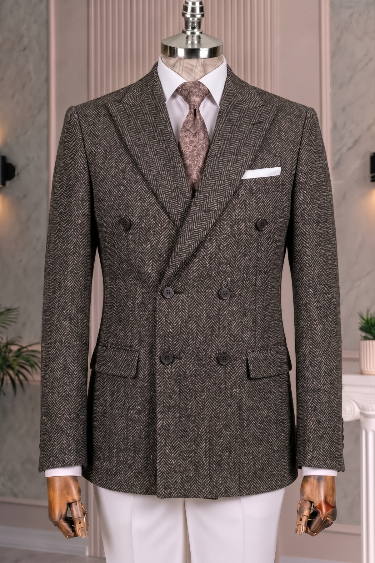 French Cuff Men's Brown Herringbone Double Breasted Blazer