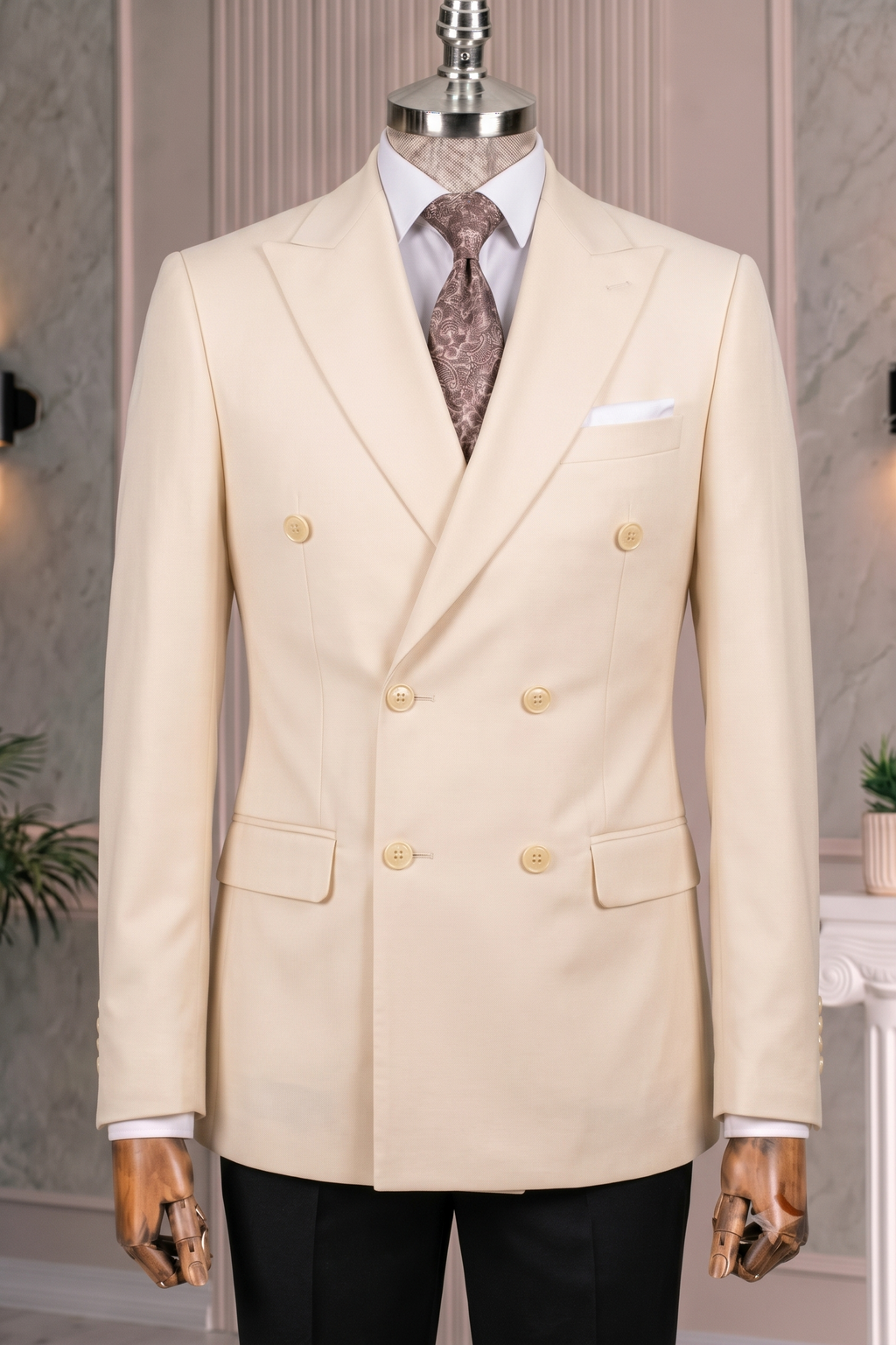 French Cuff Men's Beige Double Breasted Blazer