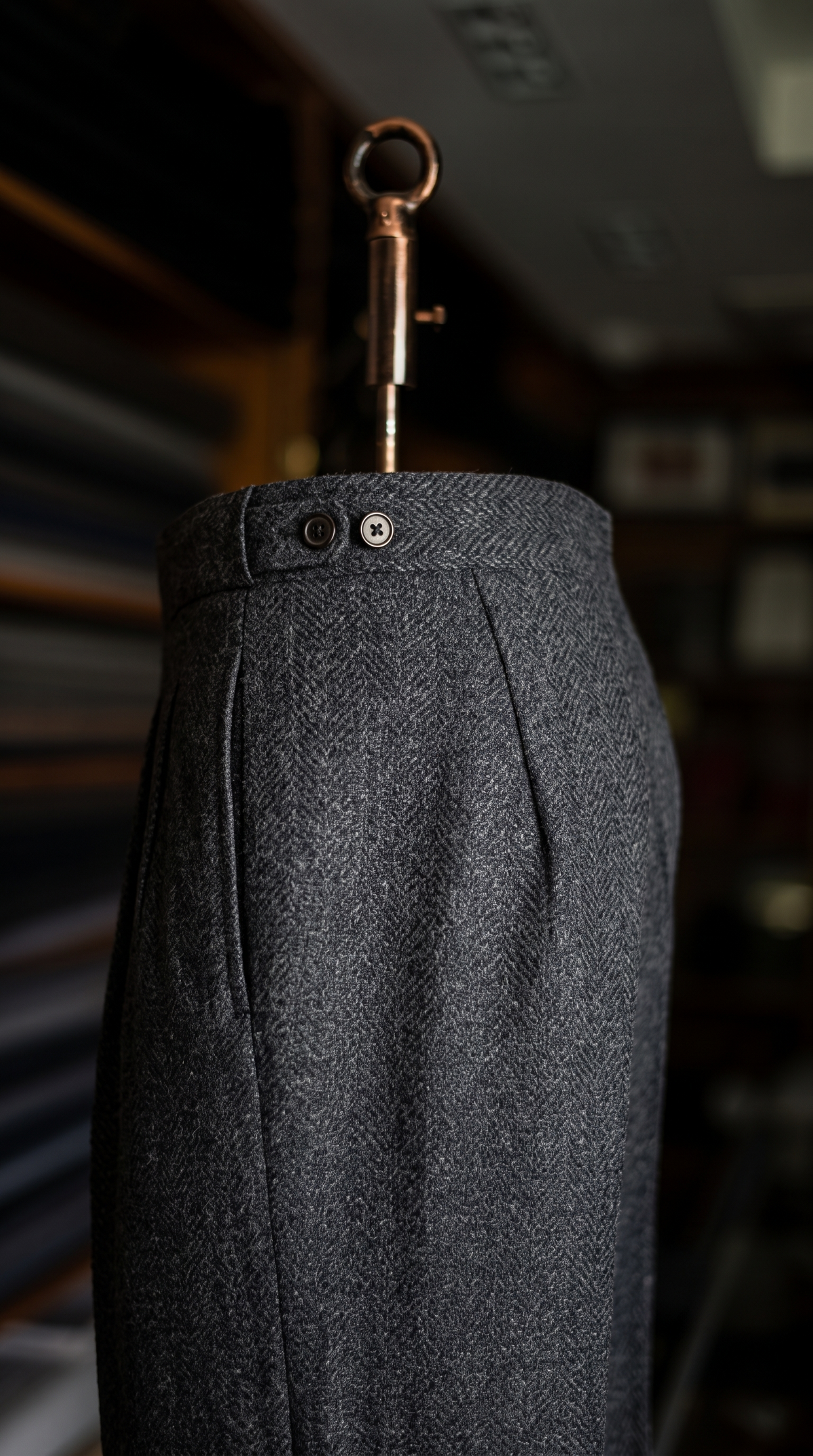 Imperial Black Herringbone Double Pleated Trousers For Men