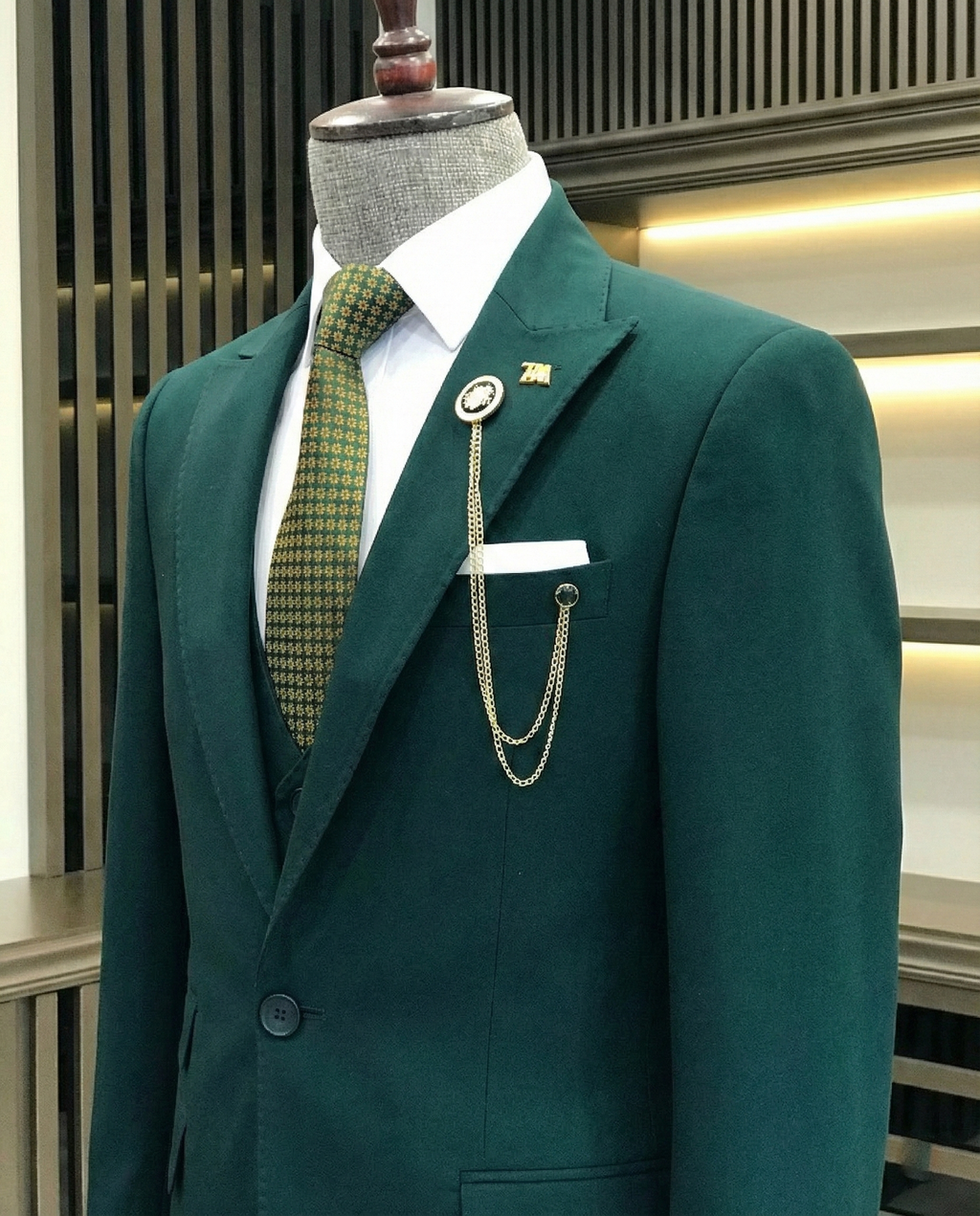 French Cuff Men's Bottle Green Single Buttoned 3-Piece Suit