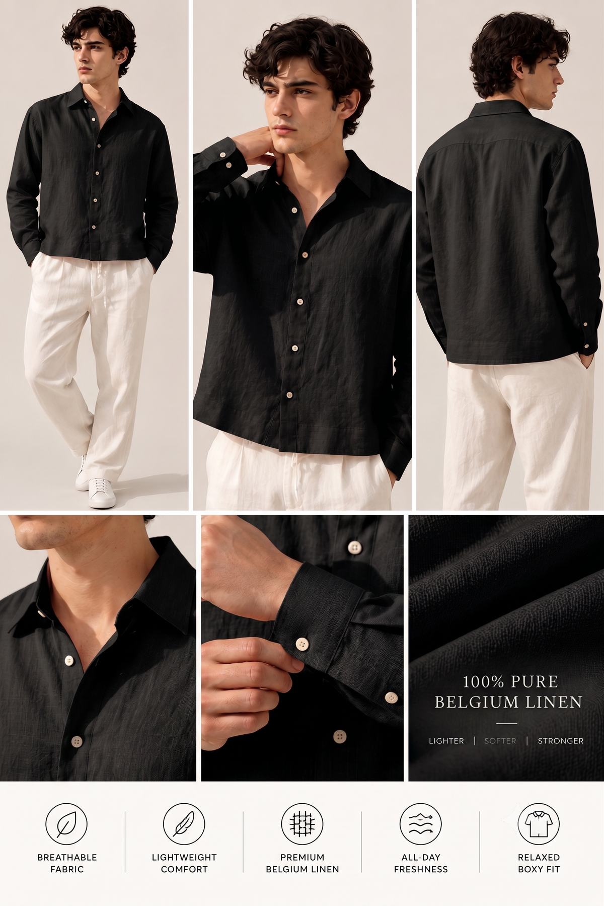 Full Sleeve Black Boxy Fit Pure Belgium Linen Crop Shirt