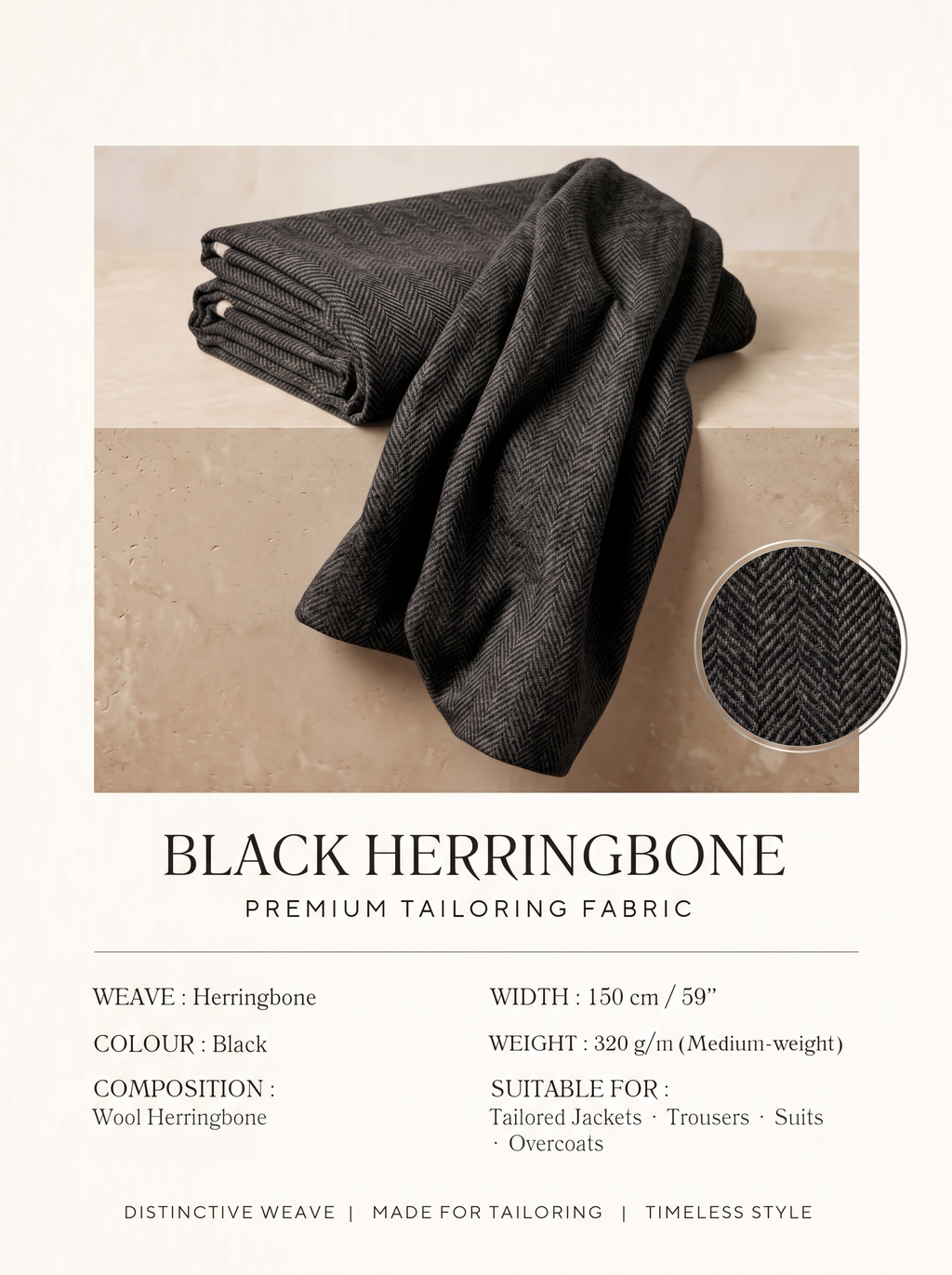 Luxury Black Herringbone Fabric | Premium Formal Wear Fabric