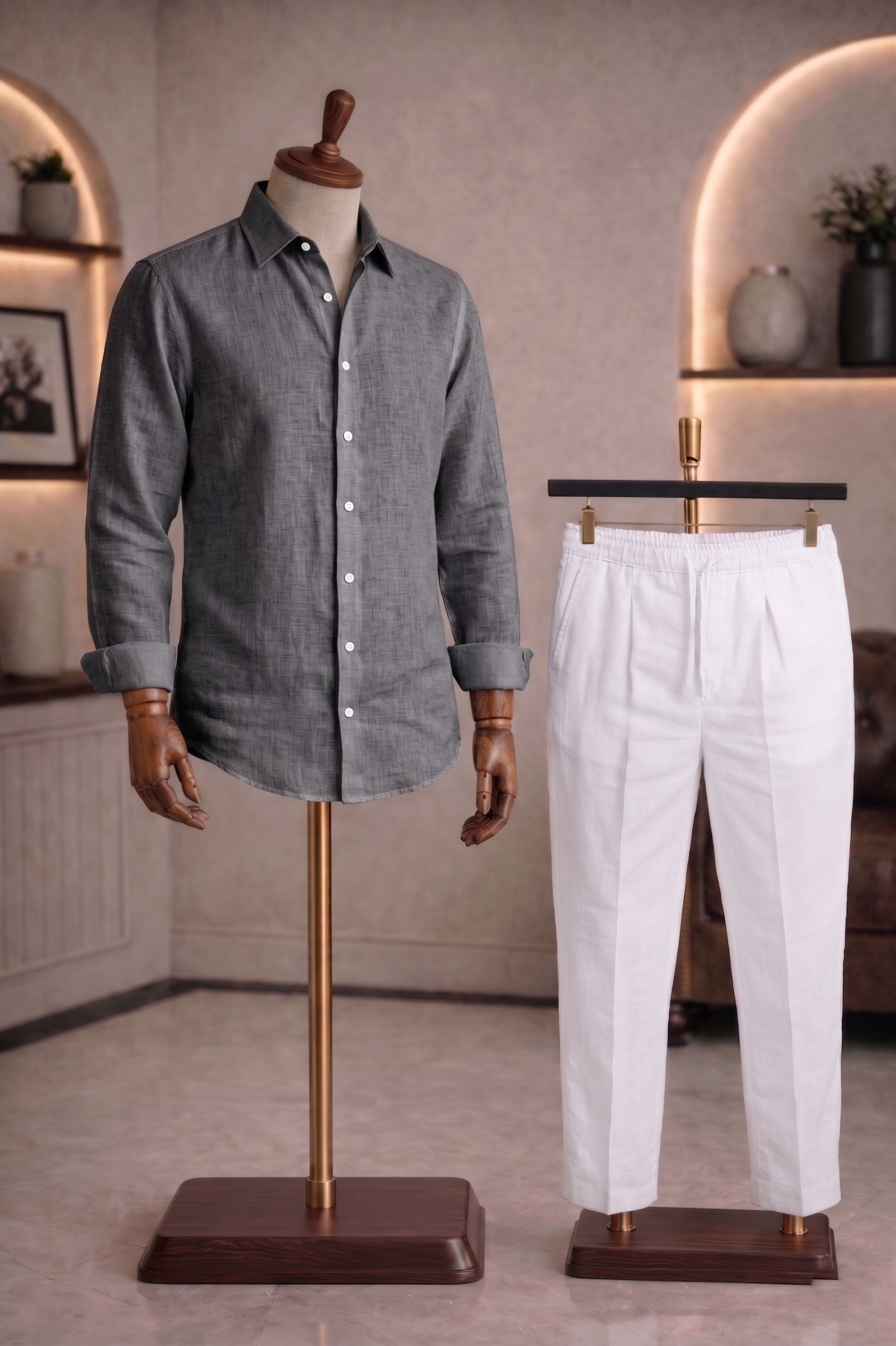 Full Sleeve Linen Pair For Men | Dark Grey Linen Shirt with White Linen Pant