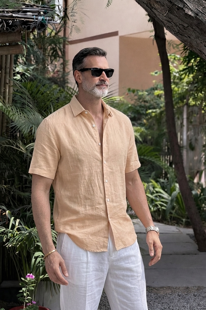 Half Sleeve Linen Pair For Men | Khaki Linen Shirt with White Linen Pant