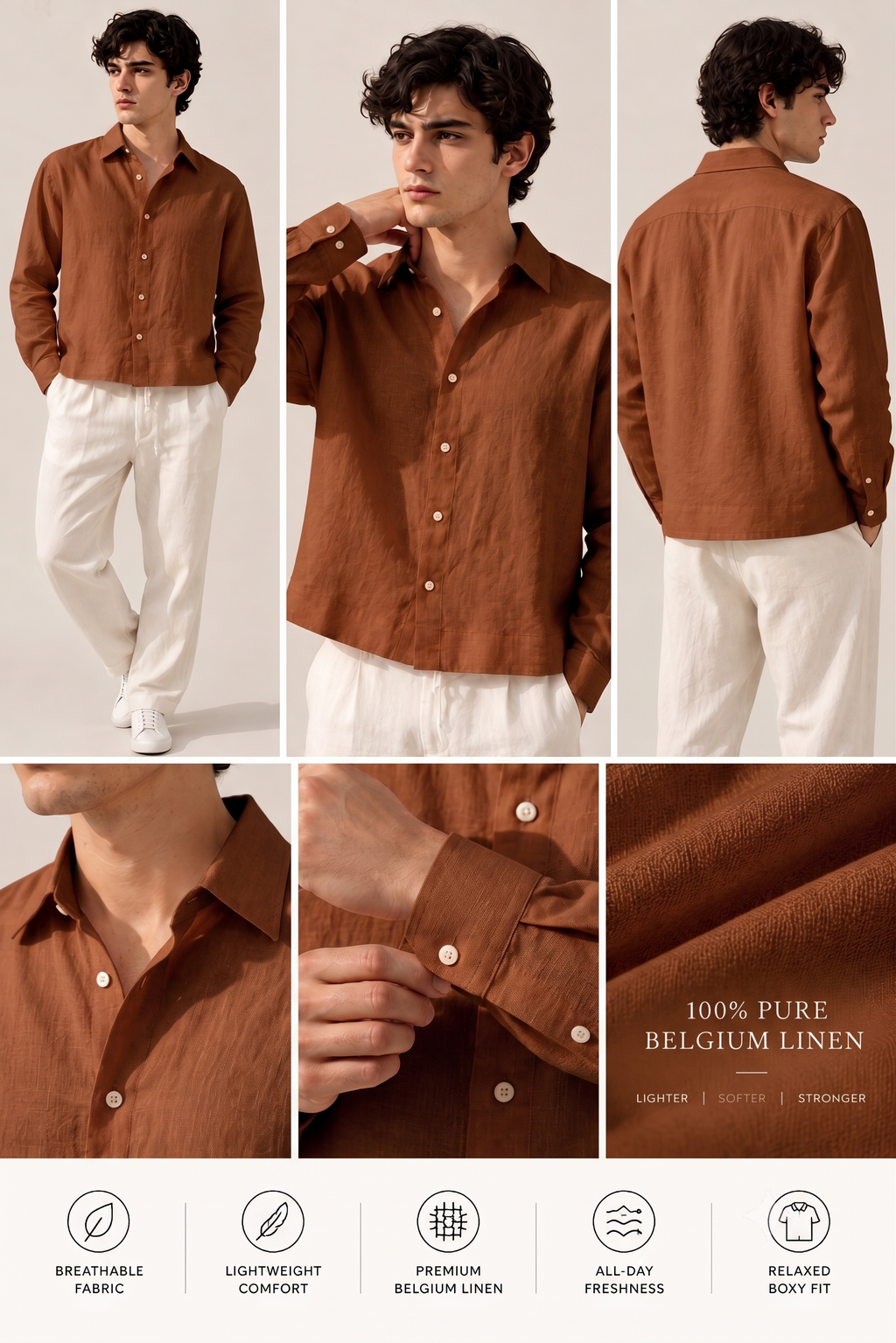 Full Sleeve Brown Boxy Fit Pure Belgium Linen Crop Shirt