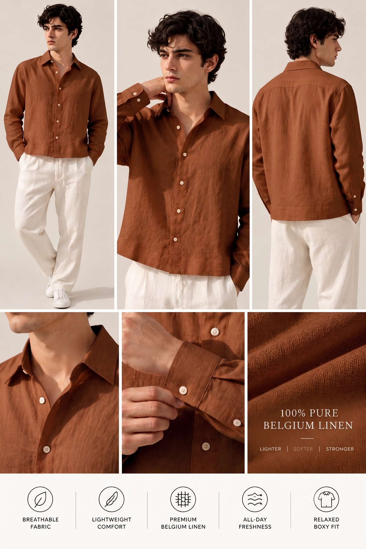 Full Sleeve Brown Boxy Fit Pure Belgium Linen Crop Shirt