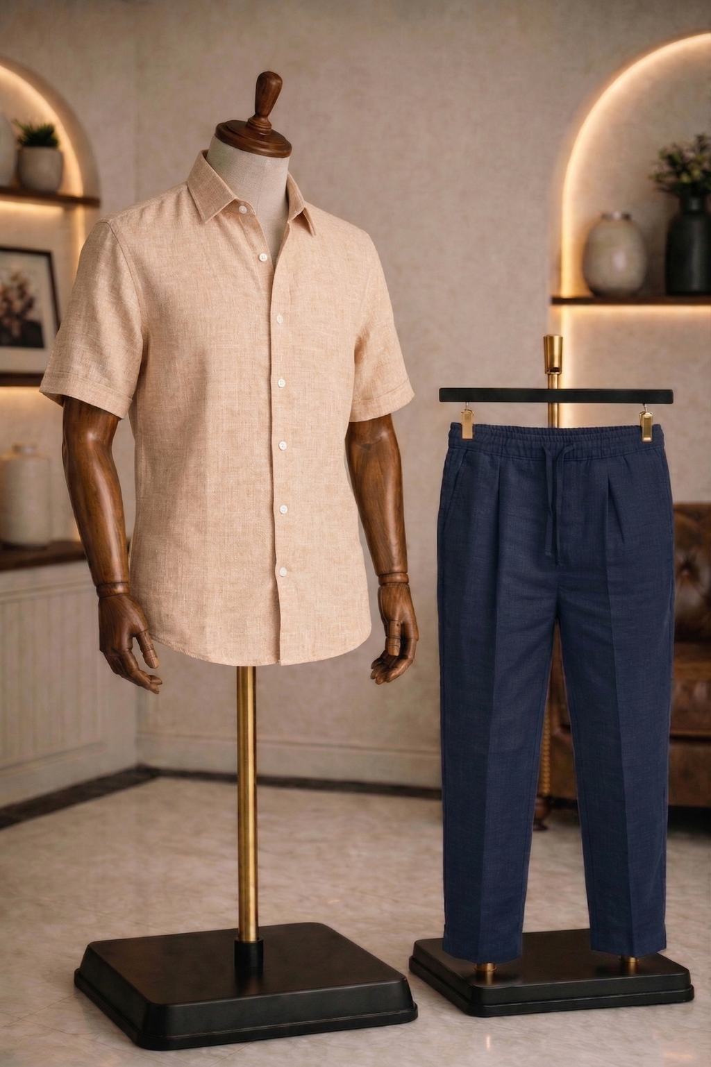 Half Sleeve Linen Pair For Men | Khaki Linen Shirt with Navy Linen Pant