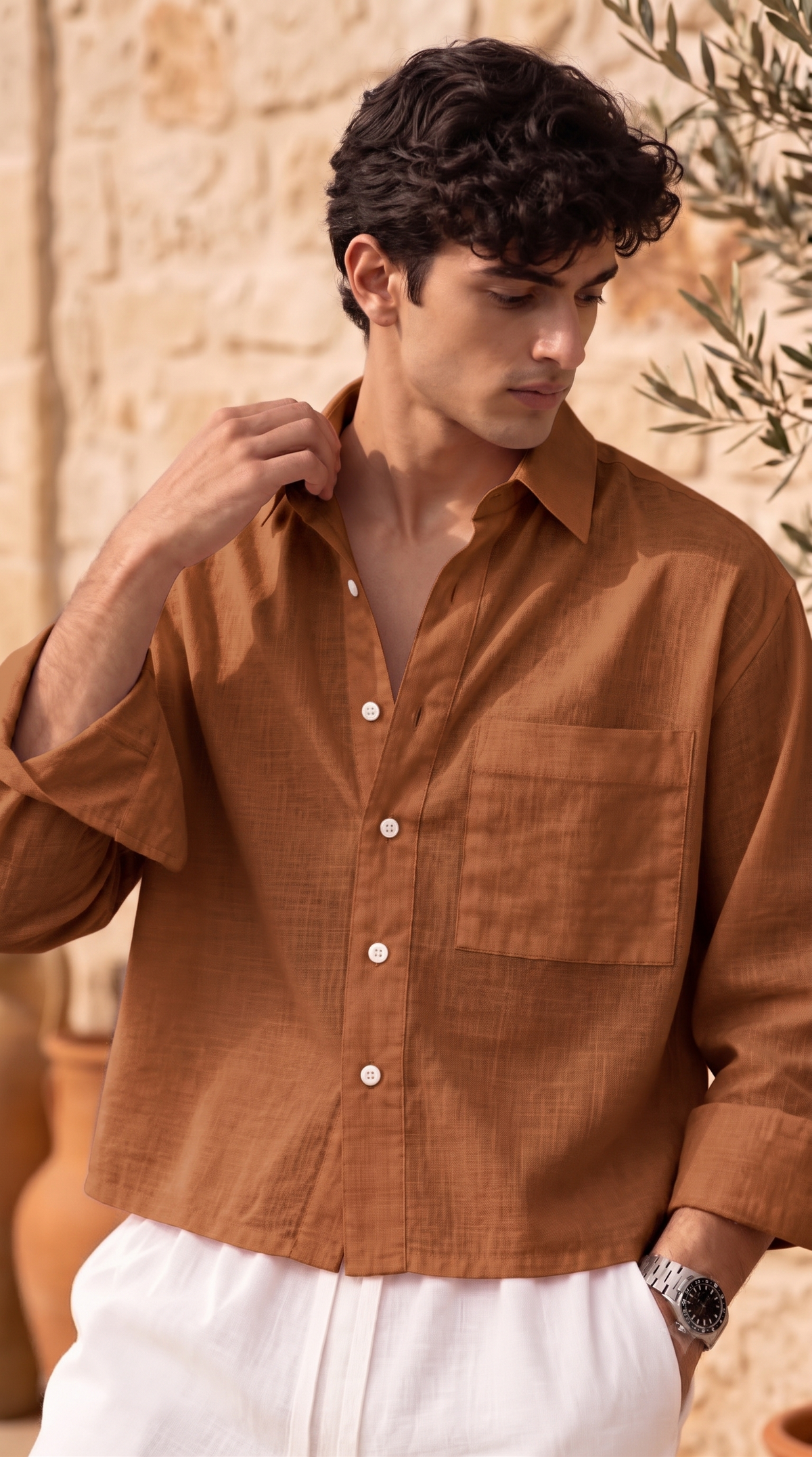 Full Sleeve Brown Boxy Fit Pure Belgium Linen Crop Shirt