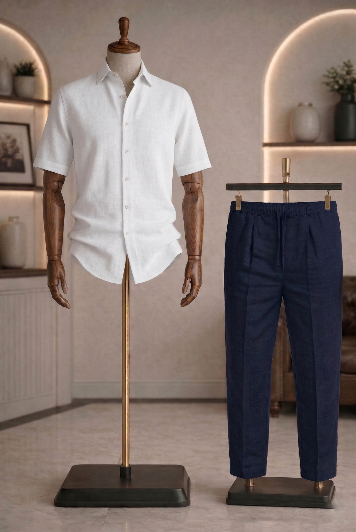 Half Sleeve Linen Pair For Men | White Linen Shirt with Navy Linen Pant