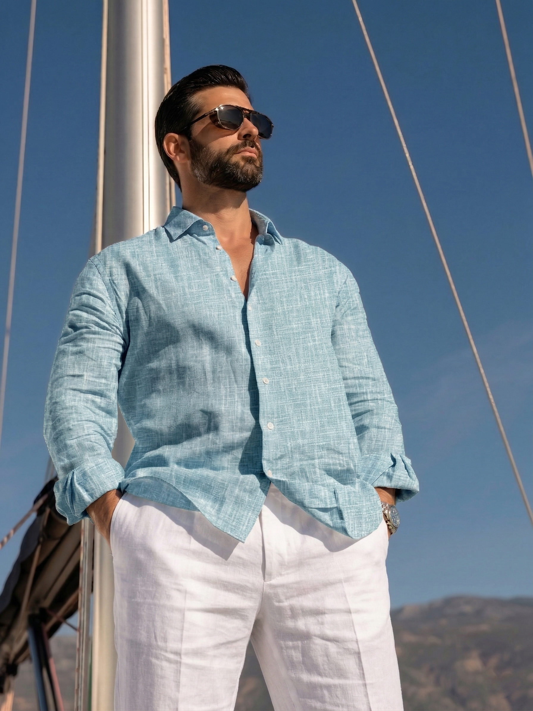 Full Sleeve Linen Pair For Men | Sky Blue Linen Shirt with White Linen Pant