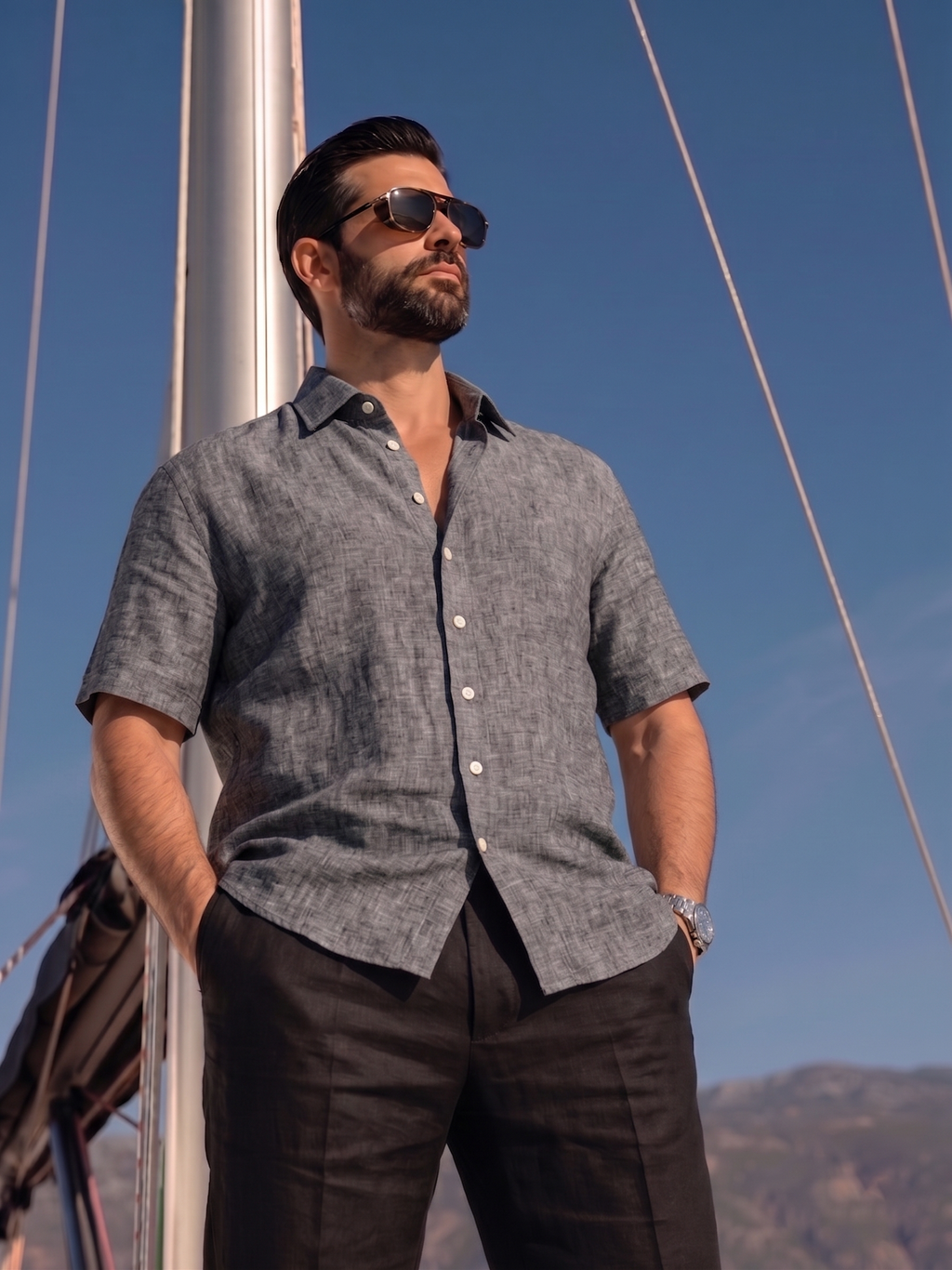 Half Sleeve Linen Pair For Men | Dark Grey Linen Shirt with Black Linen Pant