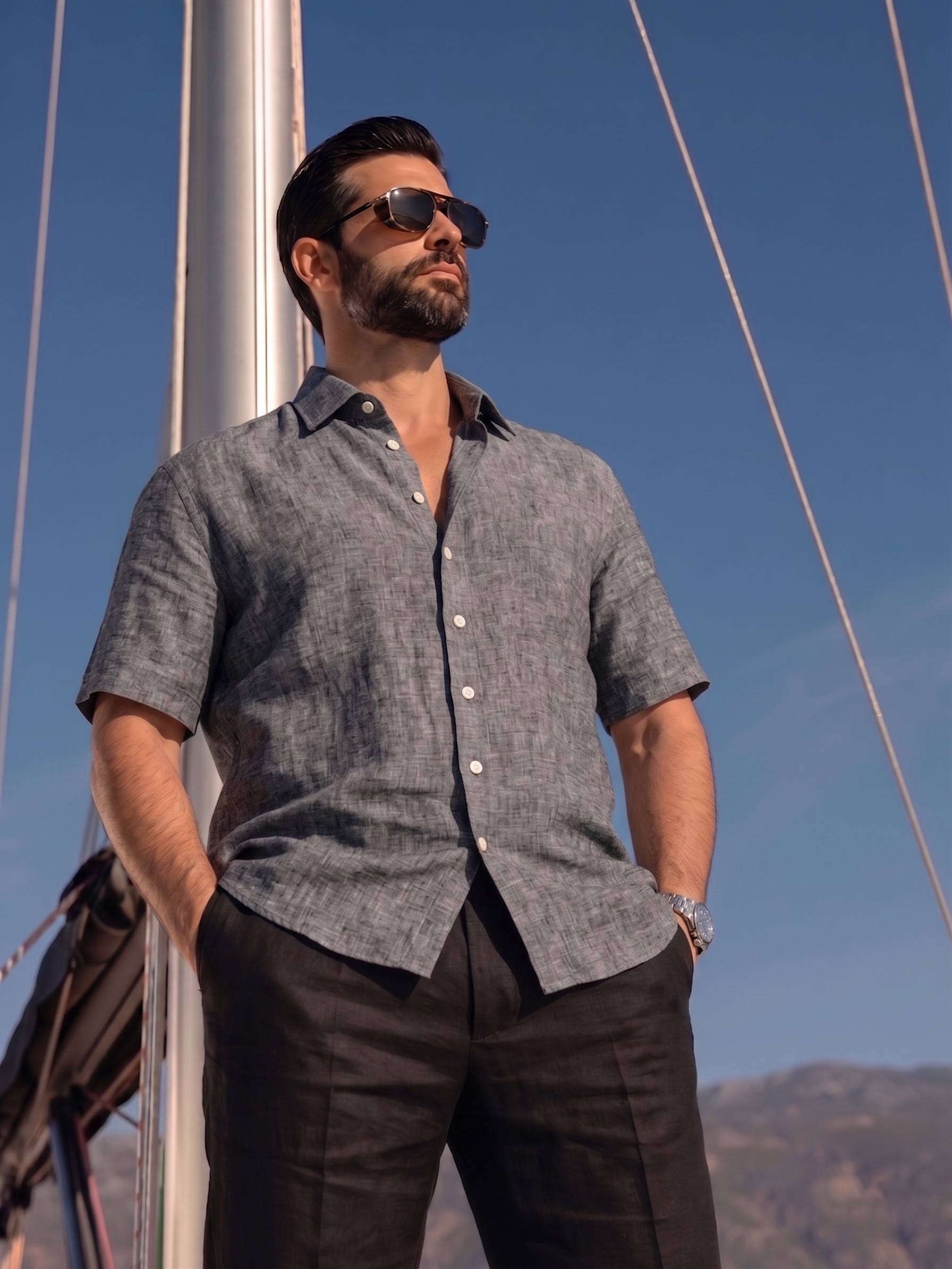 Half Sleeve Linen Pair For Men | Dark Grey Linen Shirt with Black Linen Pant