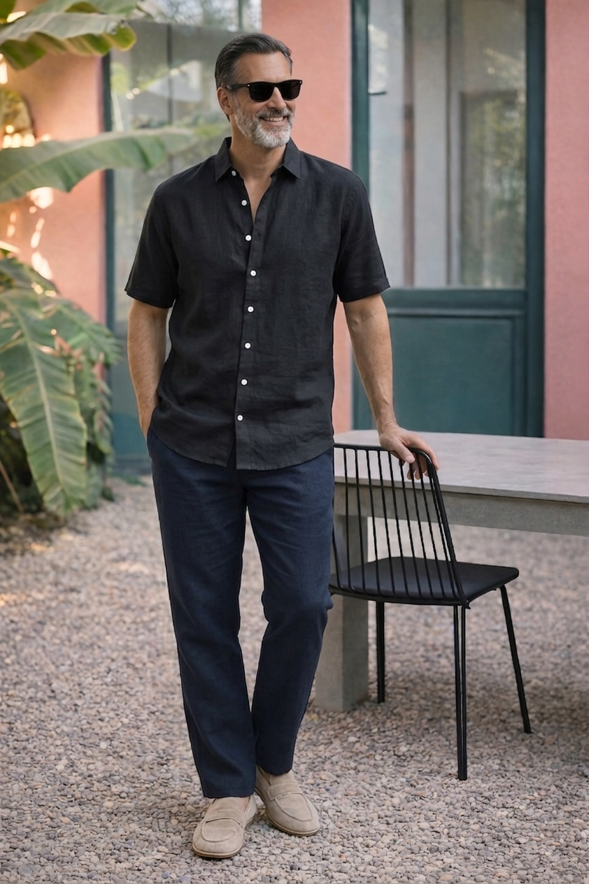 Half Sleeve Linen Pair For Men | Black Linen Shirt with Navy Linen Pant