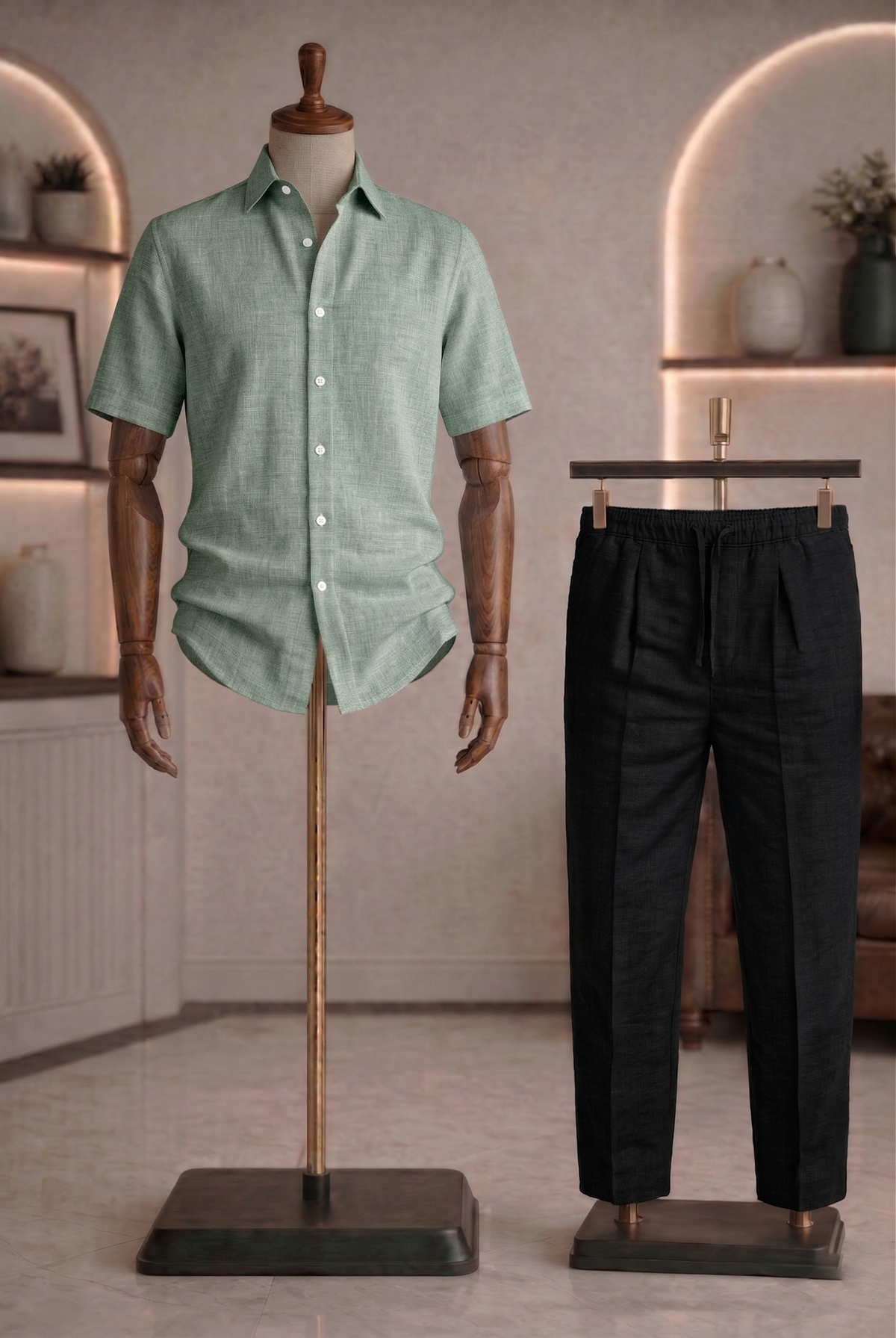 Half Sleeve Linen Pair For Men | Mint Green Linen Shirt with Black Linen Pant