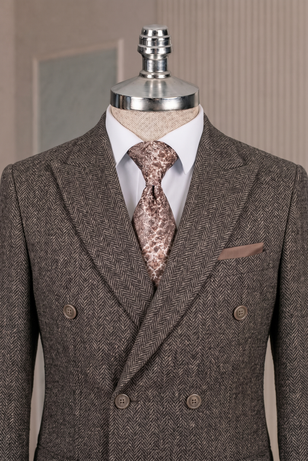 French Cuff Men's Brown Herringbone Double Breasted Blazer