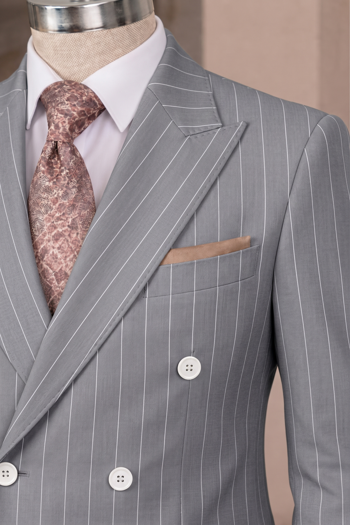 French Cuff Men's Grey Striped Double Breasted Blazer